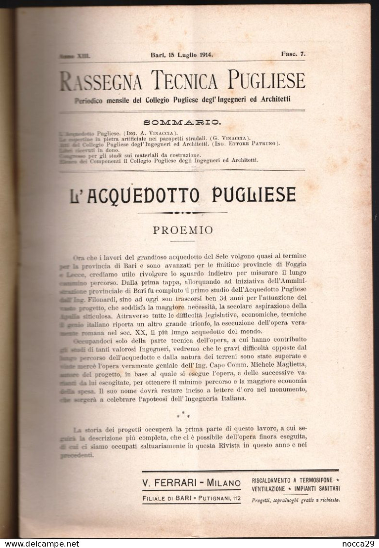 RIVISTA 1914 RASSEGNA TECNICA PUGLIESE - ACQUEDOTTO PUGLIESE PUBBL. OFFICINE DI SAVIGLIANO - ELENCO INGEGNERI (STAMP331) - Wetenschappelijke Teksten