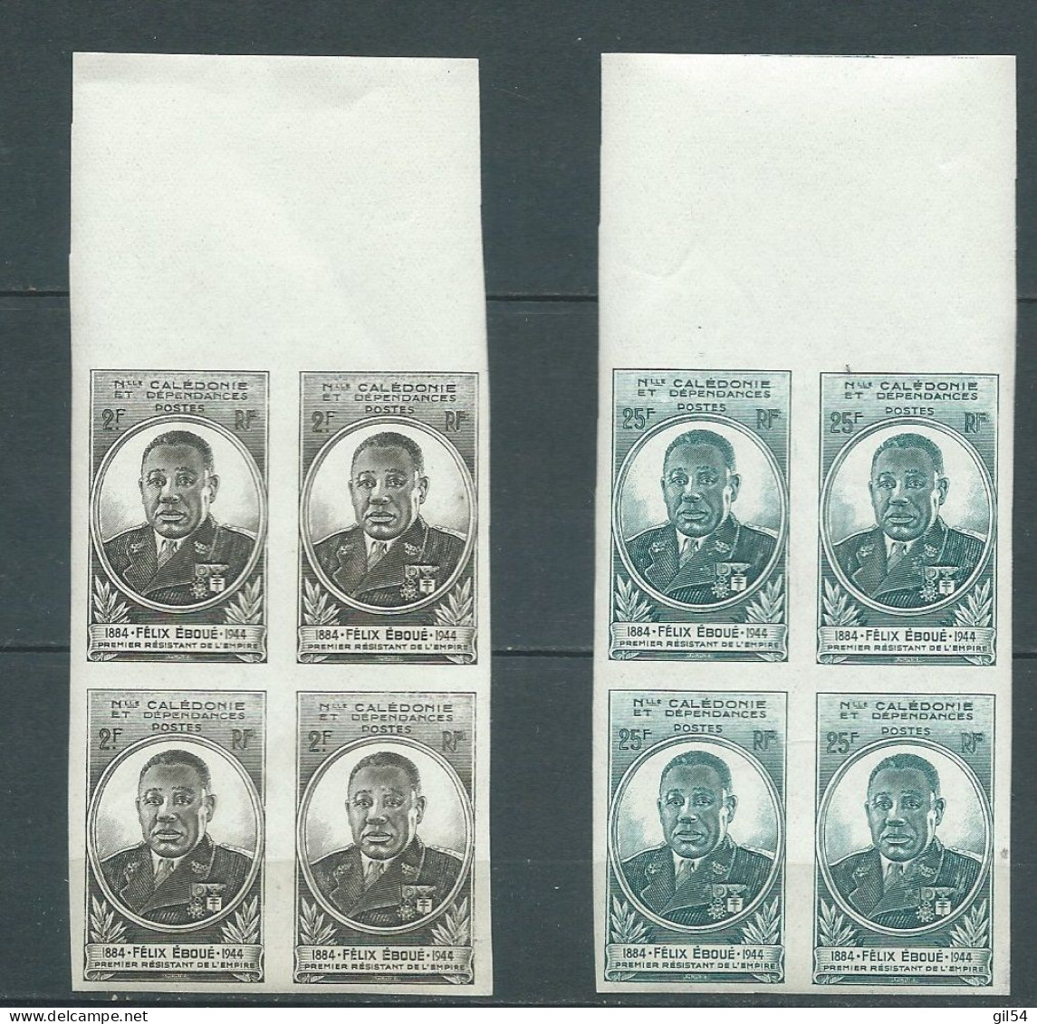 NOUVELLE CALEDONIE - 1945 - N°Yv. 257d Et 258a - Felix Eboue: Bloc De 4 : Non Dentelé -   Ln34903 - Unused Stamps