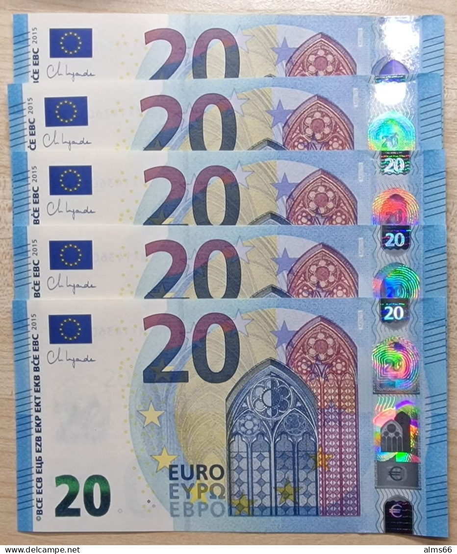 Euronotes FREE SHIPPING 20 Euro 2015 UNC < MX >< M007 > Portugal - Lagarde (5 Pcs) - 20 Euro