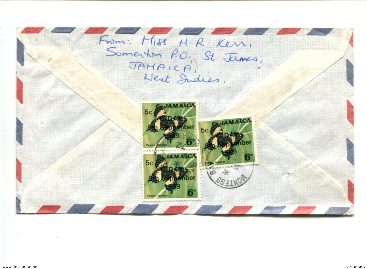 JAMAIQUE Papillons - Affranchissement Sur Lettre Par Avion - Papillon 6d Surch. 5c C-Day - Papillons