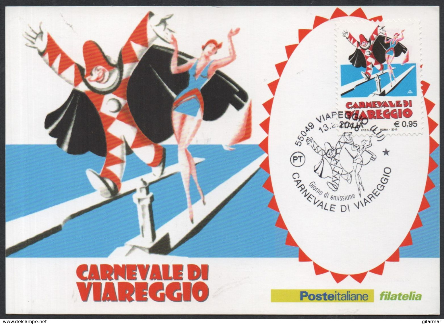 ITALIA VIAREGGIO 2016 - CARNEVALE DI VIAREGGIO - ANNULLO PRIMO GIORNO SU CARTOLINA POSTE ITALIANE - Carnavales