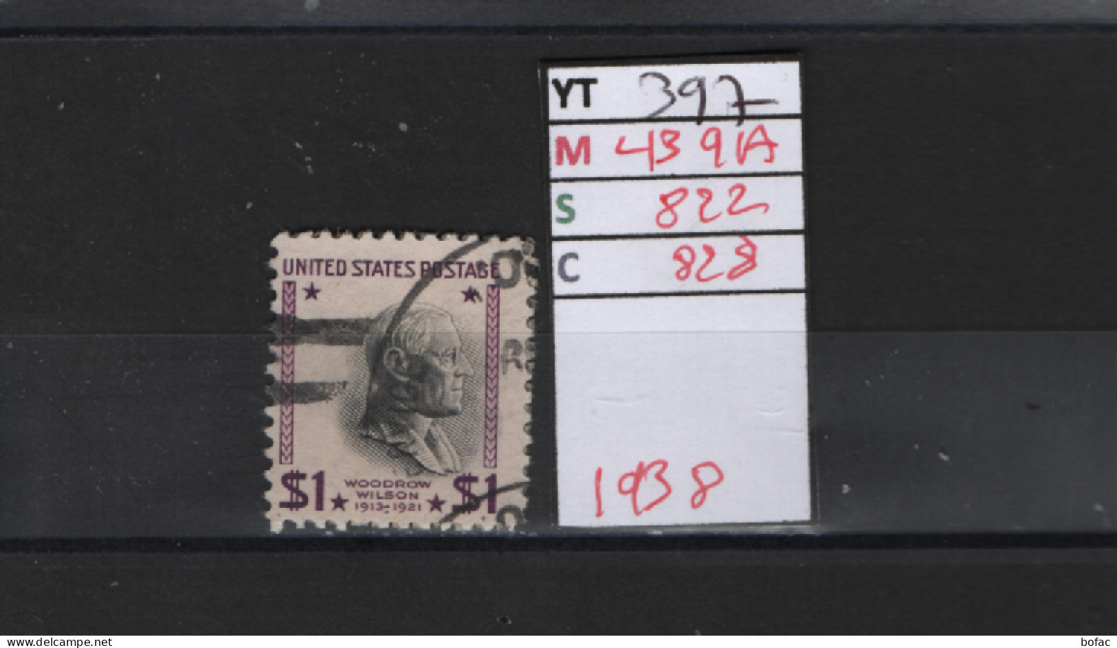 PRIX FIXE Obl 397 YT 439A MIC 822 SCO 828 GIB Wilson Woodrow 1938 Etats Unis 58A/02 - Used Stamps