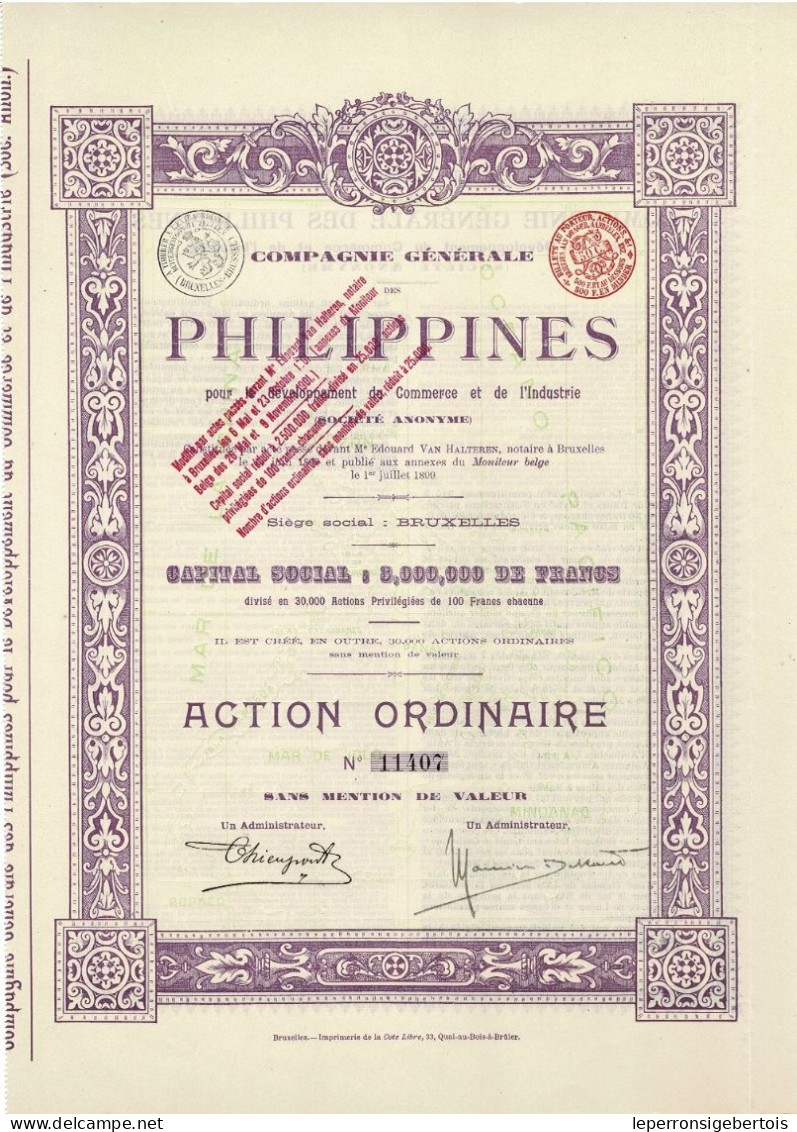 Titre De 1899 - Compagnie Générale Des Philippines Pour Le Développement Du Commerce Et De L'Industrie - - Asia