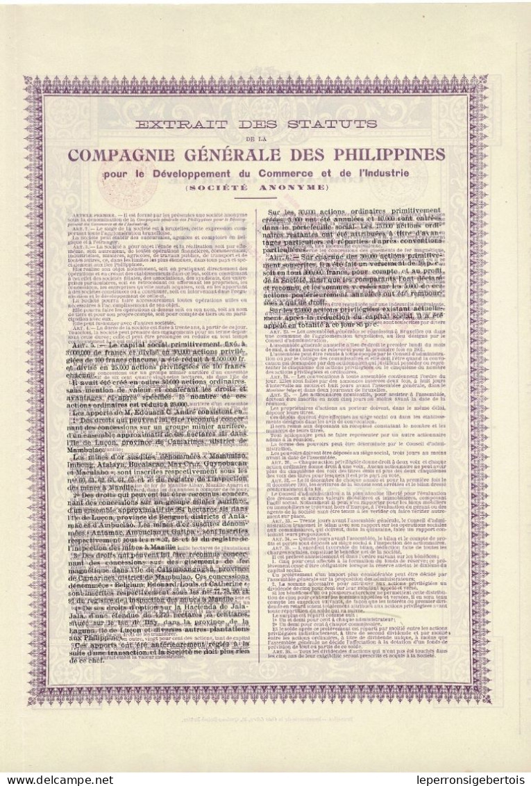 Titre De 1899 - Compagnie Générale Des Philippines Pour Le Développement Du Commerce Et De L'Industrie - - Azië