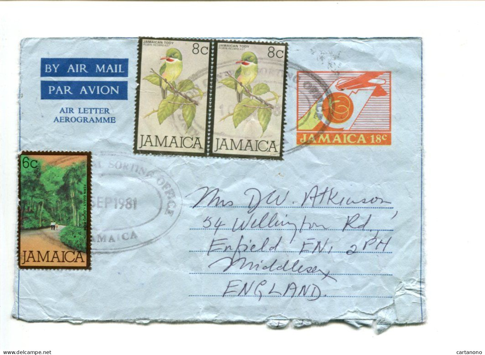 JAMAIQUE - Aérogramme 18c + Complément Oiseaux Pour L'Angleterre - Jamaique (1962-...)