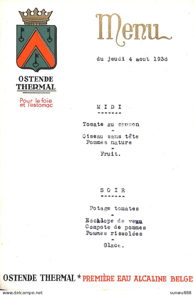 Menu - Ostende Thermal 1938 - Menu