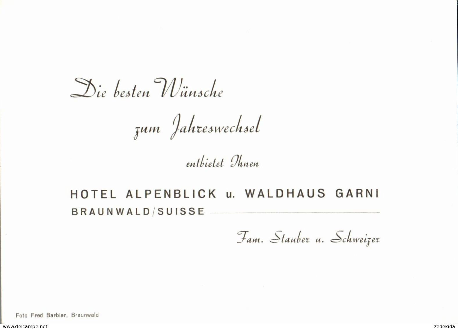 H0049 - TOP BraunwaldHotel Alpenblick Und Waldhaus Garni - Werbekarte - Foto Fred Barbier - Braunwald