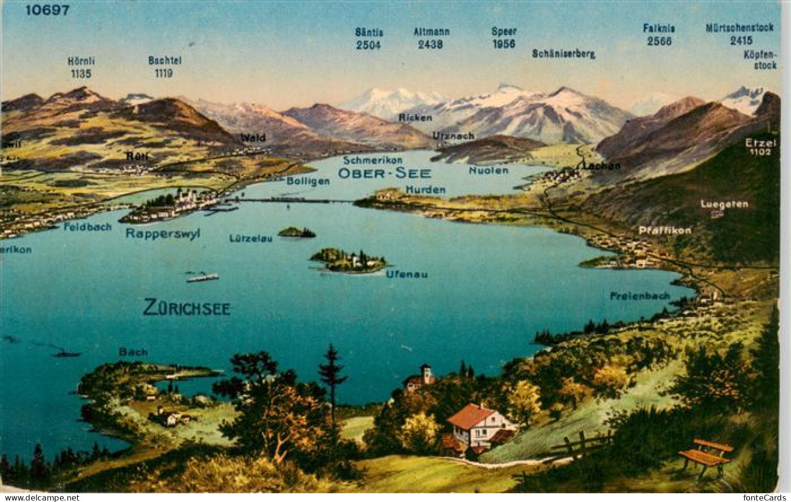 13955554 Zuerichsee_ZH Und Umgebung Alpenpanorama Kuenstlerkarte - Autres & Non Classés