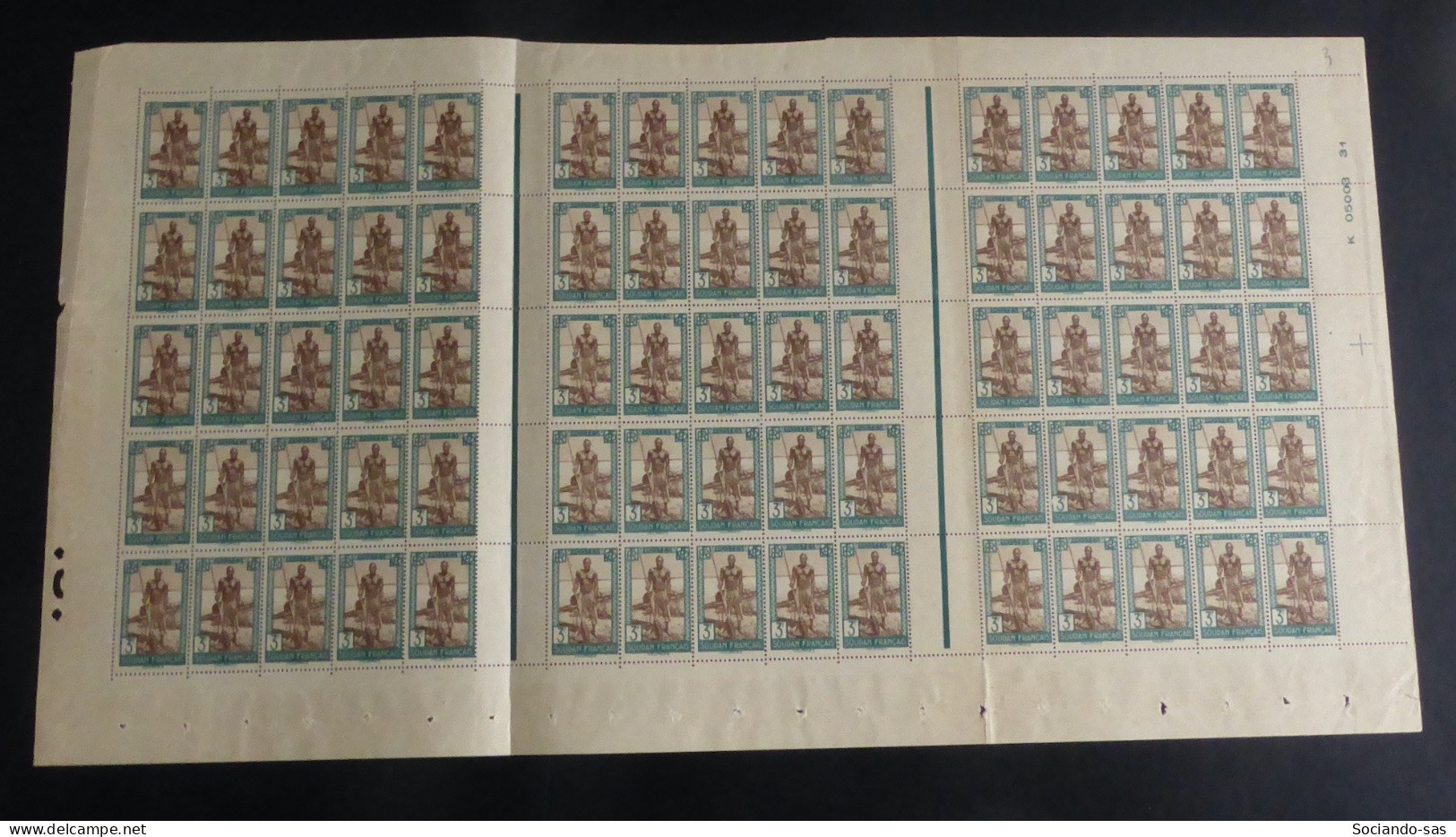 SOUDAN - 1931-38 - N°YT. 85 - Batelier 3f Vert Et Brun - Feuille Complète - Neuf Luxe ** / MNH - Unused Stamps