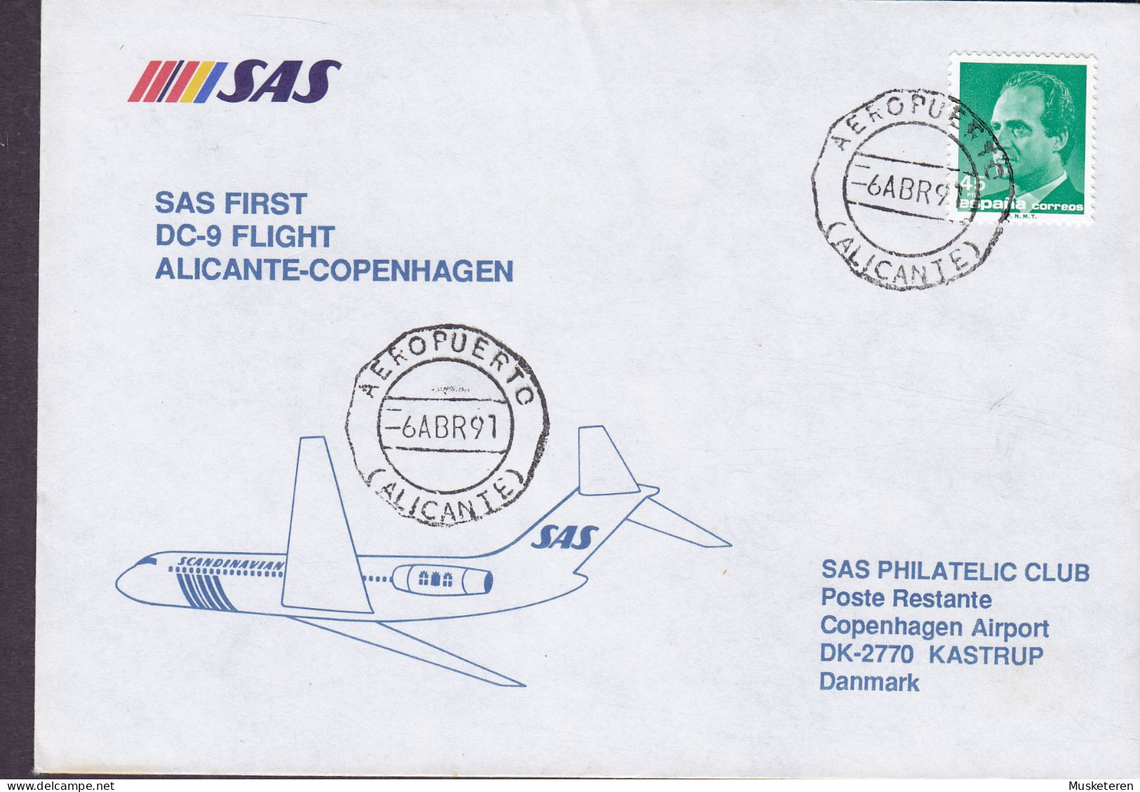 Spain SAS First DC-9 Flight ALICANTE-COPENHAGEN 1991 Cover Brief Lettre Brotype KØBENHAVN LUFTHAVN (Arr.) - Storia Postale