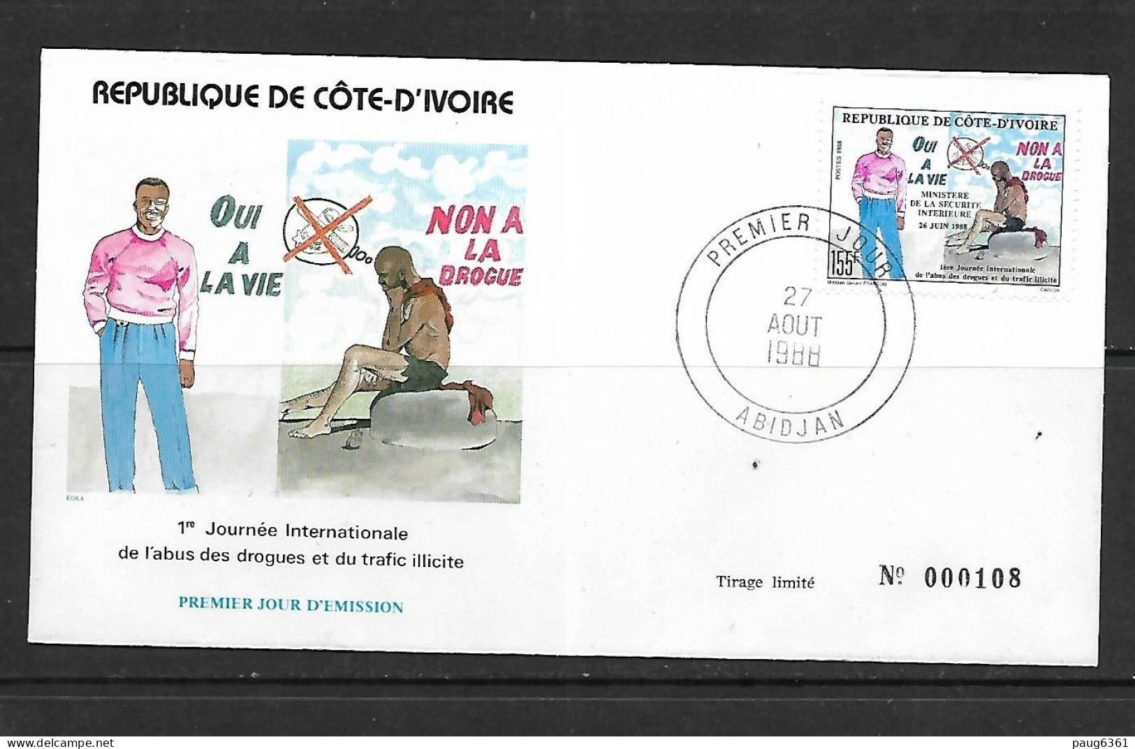 COTE D'IVOIRE 1988 FDC LUTTE CONTRE LA DROGUE YVERT N°808 - Drogen