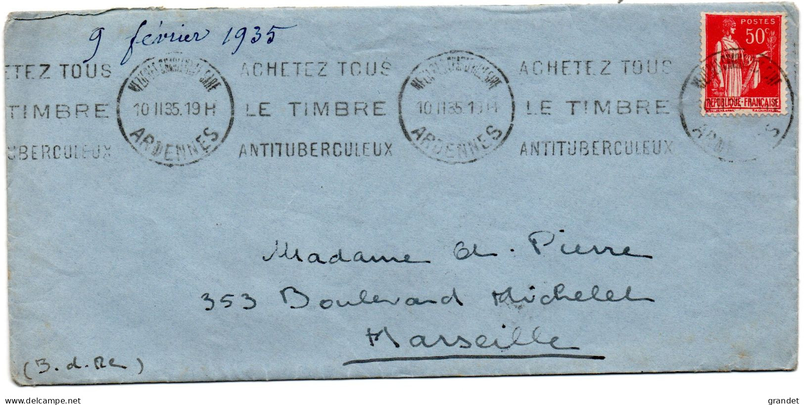 TIMBRE - 50Cts - TYPE PAIX - ARDENNES - ENVELOPPE COMPLÈTE . - 1932-39 Paix