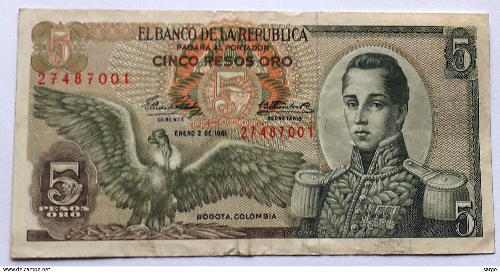 COLOMBIA - 5 PESOS ORO - P 406a (1961) - CIRC - BANKNOTES - PAPER MONEY - CARTAMONETA - - Colombie