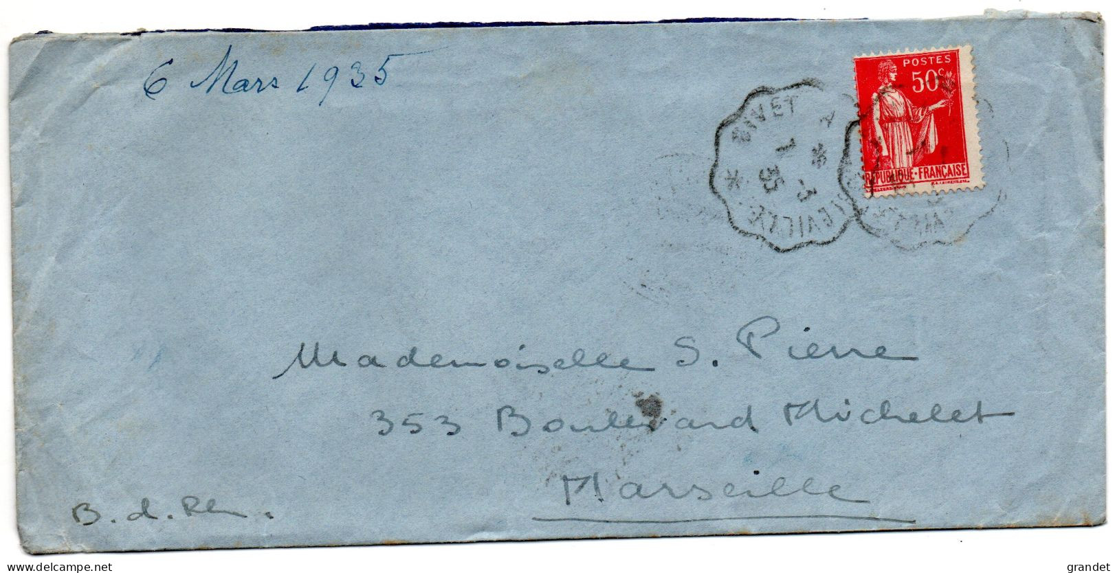 TIMBRE - 50Cts - TYPE PAIX - ARDENNES - ENVELOPPE COMPLÈTE . - 1932-39 Paz