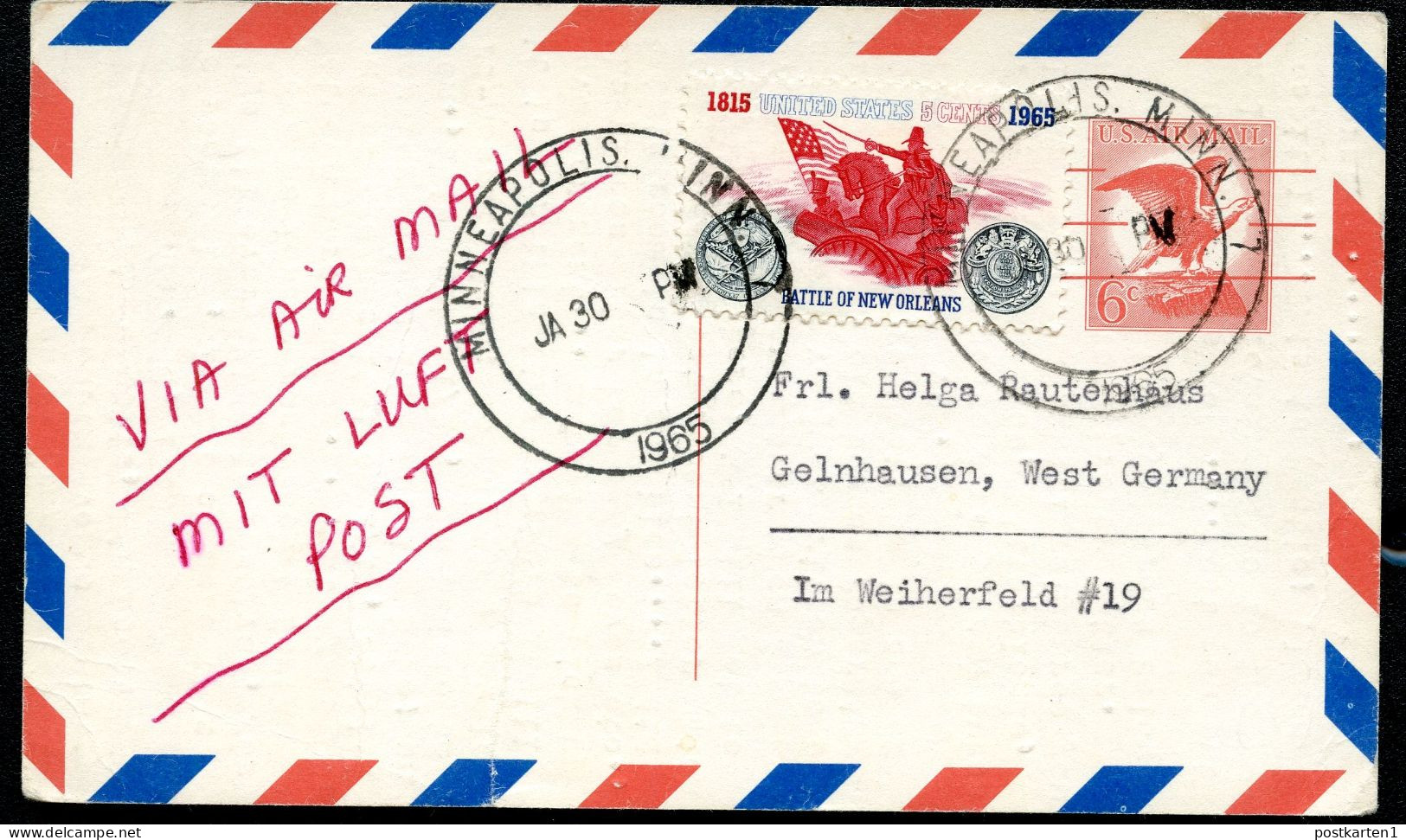 UXC4 Air Mail Postal Card Used Minneapolis IN To Germany 1965 - 1961-80