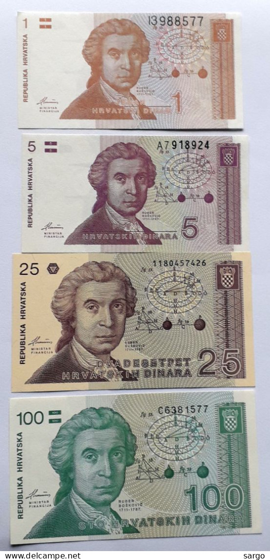 CROATIA  - 1,5,25,100 DINARA - P 16,17,19,20 (1991) - UNCIRC - BANKNOTES - PAPER MONEY - CARTAMONETA - - Croatie