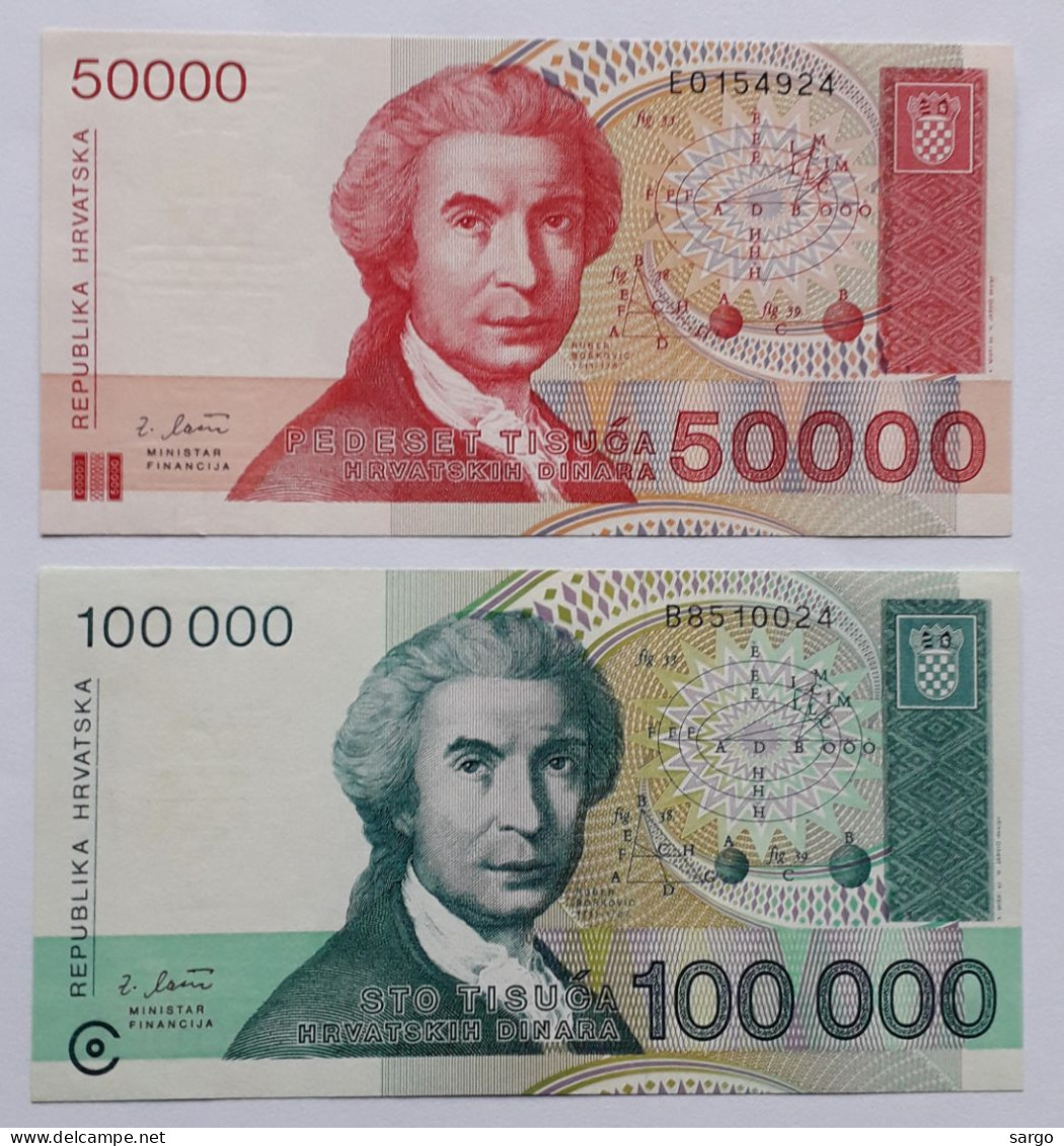 CROATIA  - 50.000/100.000 DINARA - P 26 P 27 (1993) - UNCIRC - BANKNOTES - PAPER MONEY - CARTAMONETA - - Croatie