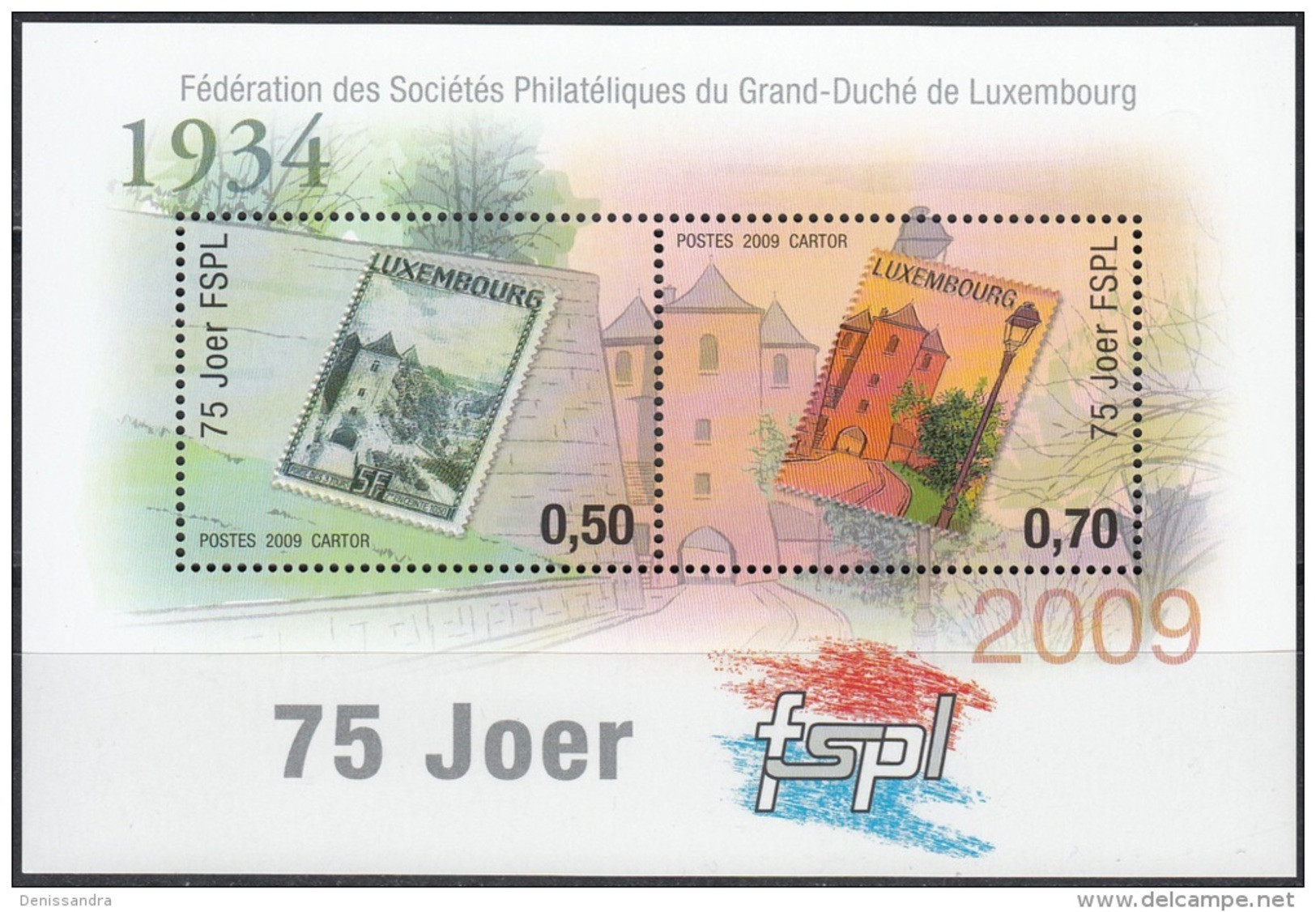 Luxembourg 2009 Bloc Feuillet 75 Ans FSPL Timbres Sur Timbres En Relief Neuf ** - Blocs & Feuillets