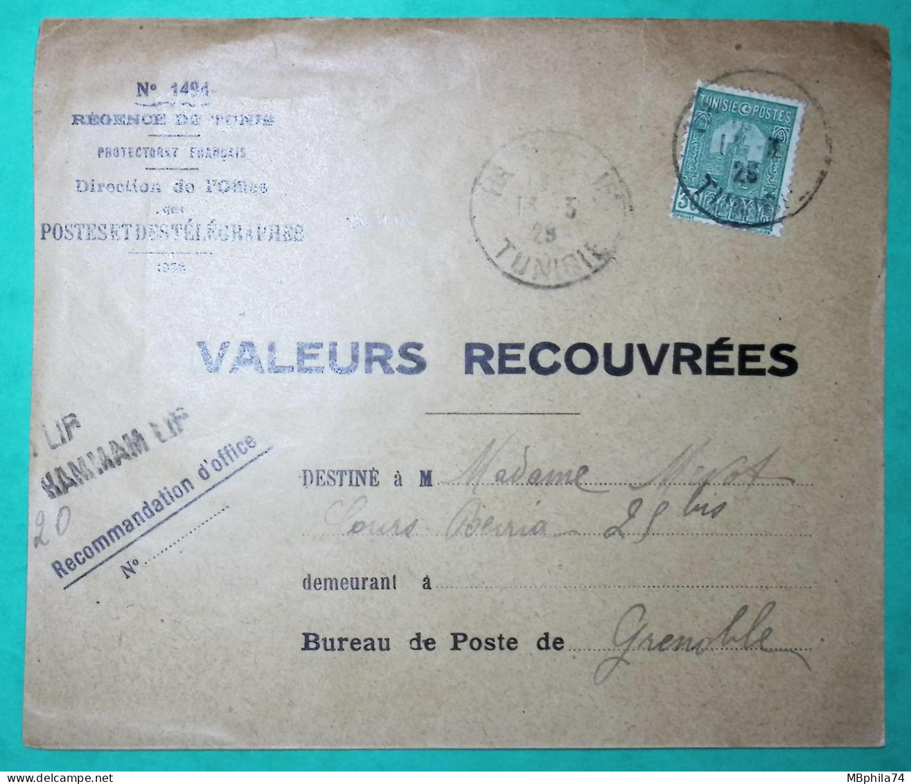 30C VERT REGENCE DE TUNIS TUNISIE LETTRE VALEURS RECOUVREES HAMMAM LIF POUR GRENOBLE ISERE 1929 COVER FRANCE - Lettres & Documents
