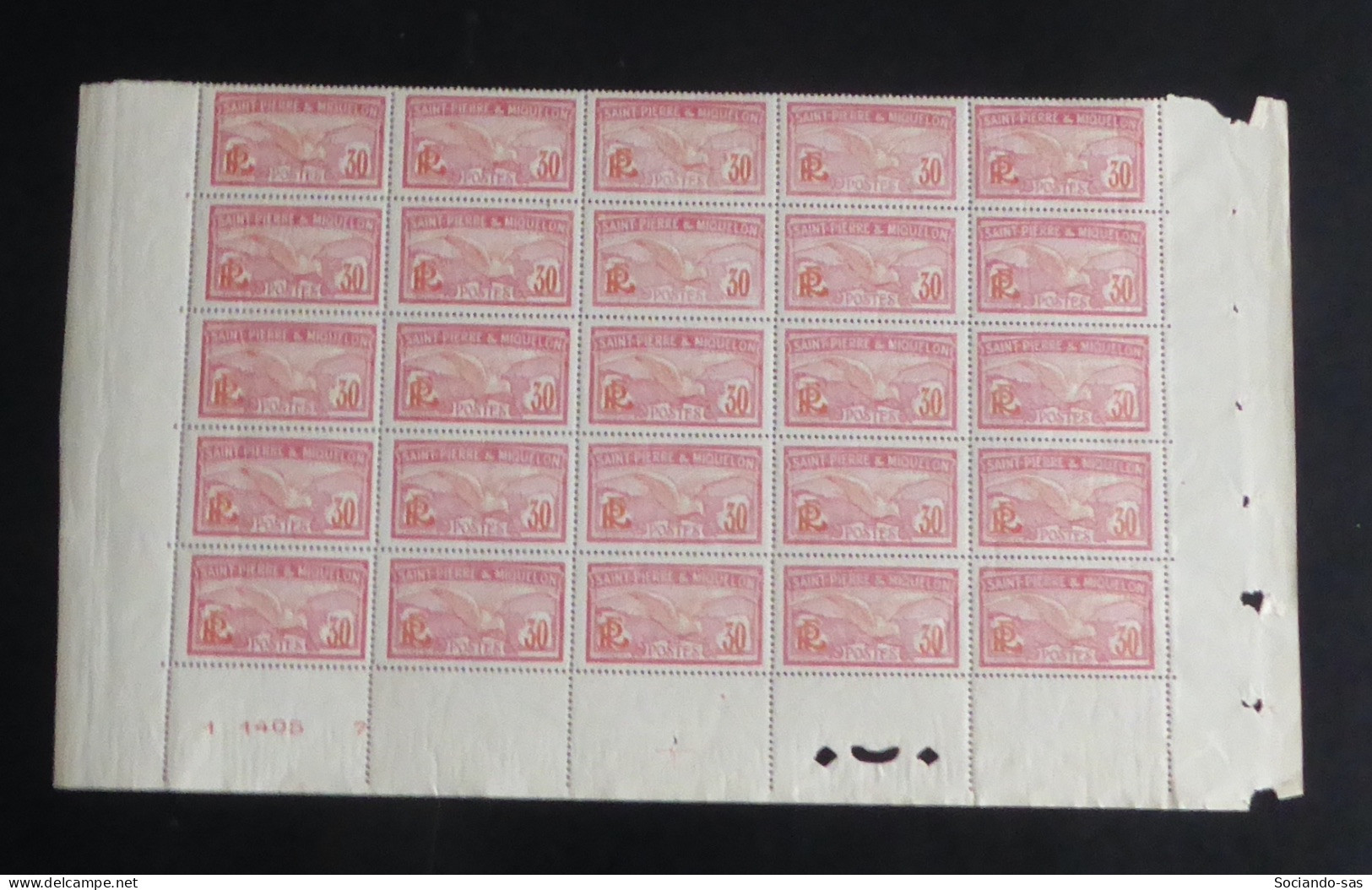 SPM - 1922-28 - N°YT. 111 - Goeland 30c Rose Et Rouge - Bloc De 25 Bord De Feuille - Neuf Luxe ** / MNH - Unused Stamps