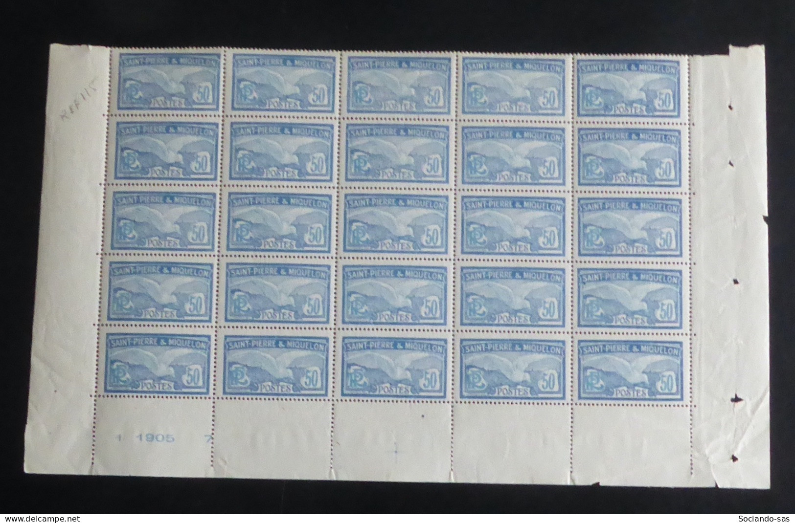 SPM - 1922-28 - N°YT. 114 - Goeland 50c Bleu - Bloc De 25 Bord De Feuille - Neuf Luxe ** / MNH - Unused Stamps