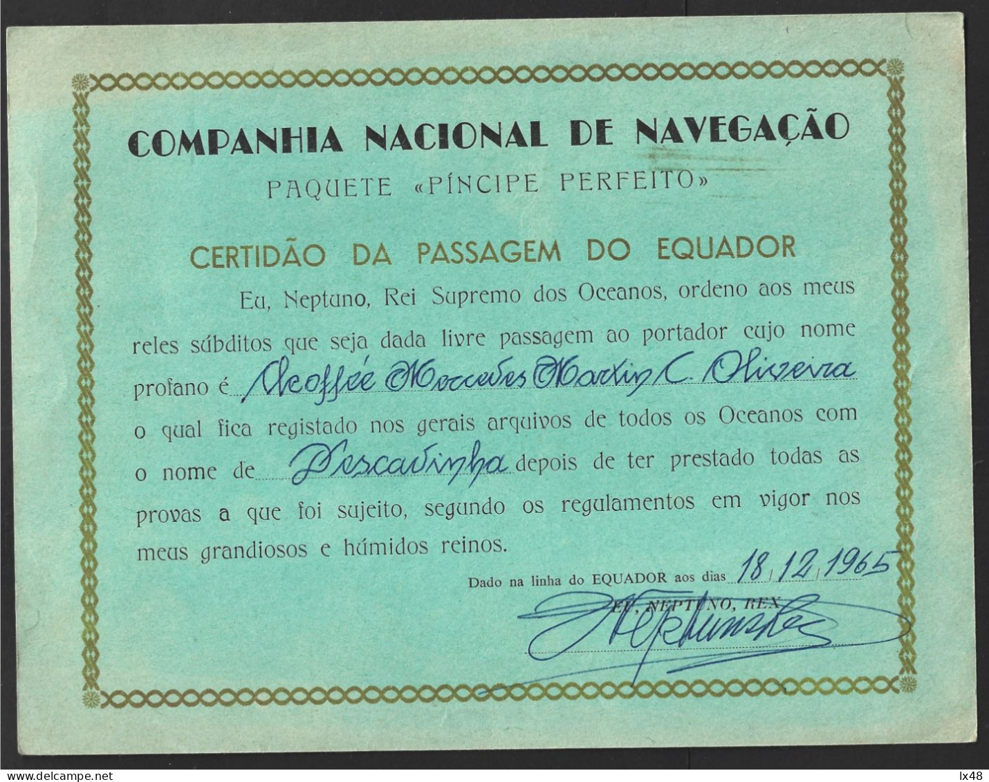 Ship 'Perfect Prince' Of CNN Companhia Nacional Navegação, Portugal. Certificate Of Crossing The 'Equator' Line In 1965. - Transporte
