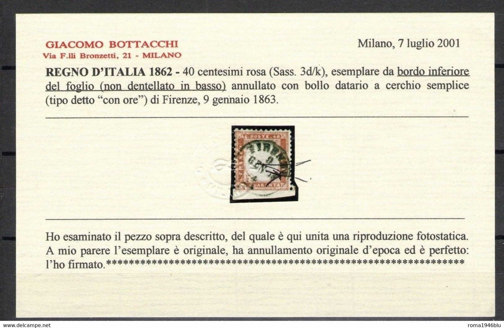 REGNO 1862 40 C. N.D. IN BASSO ANNULLATO BOLLO "CON ORE" SASS. 3d/k C. BOTTACCHI - Oblitérés