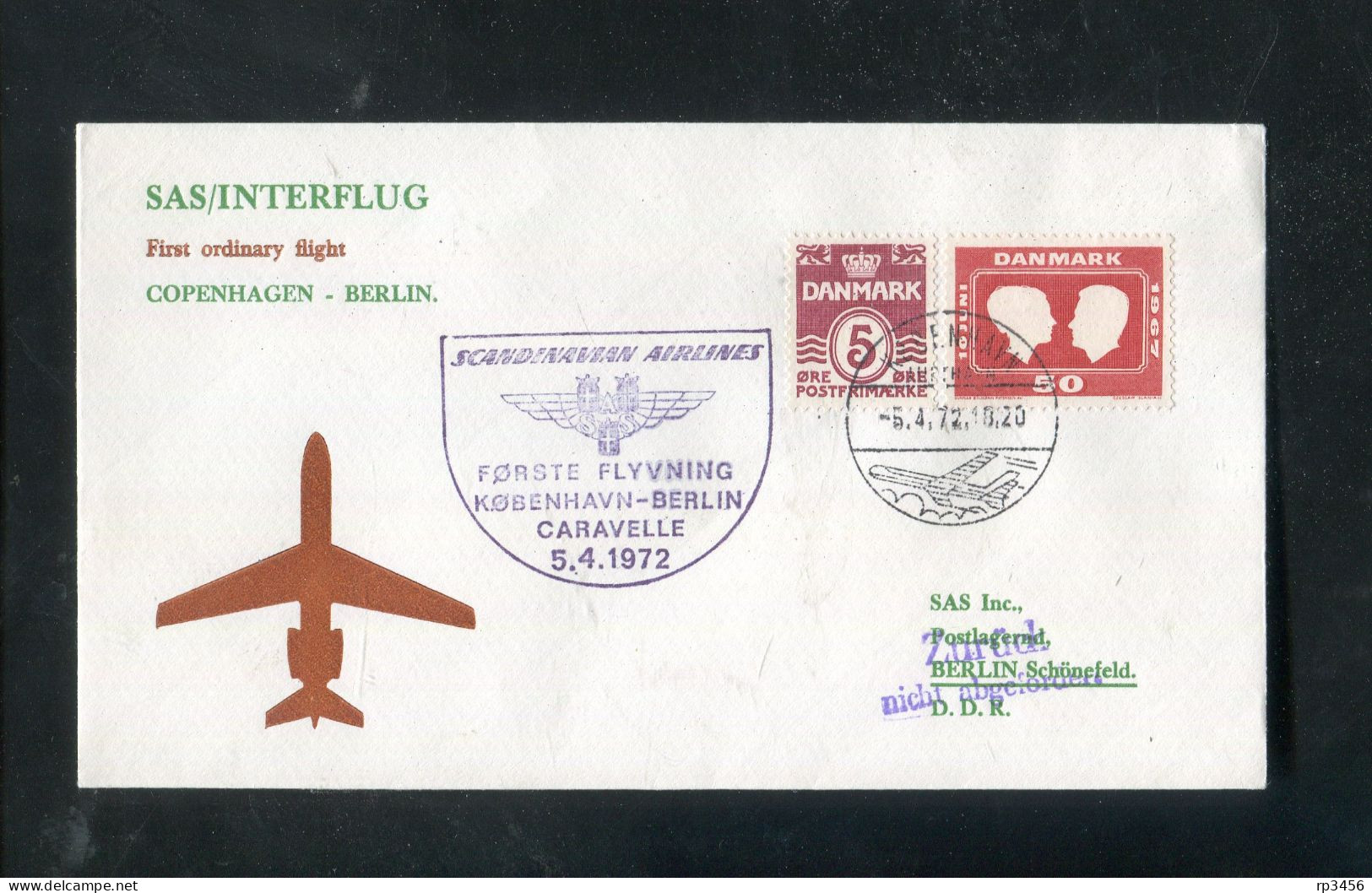 "DAENEMARK" 1972, SAS-INTERFLUG-Caravelle-Erstflugbrief "Kopenhagen-Berlin" (80020) - Airmail