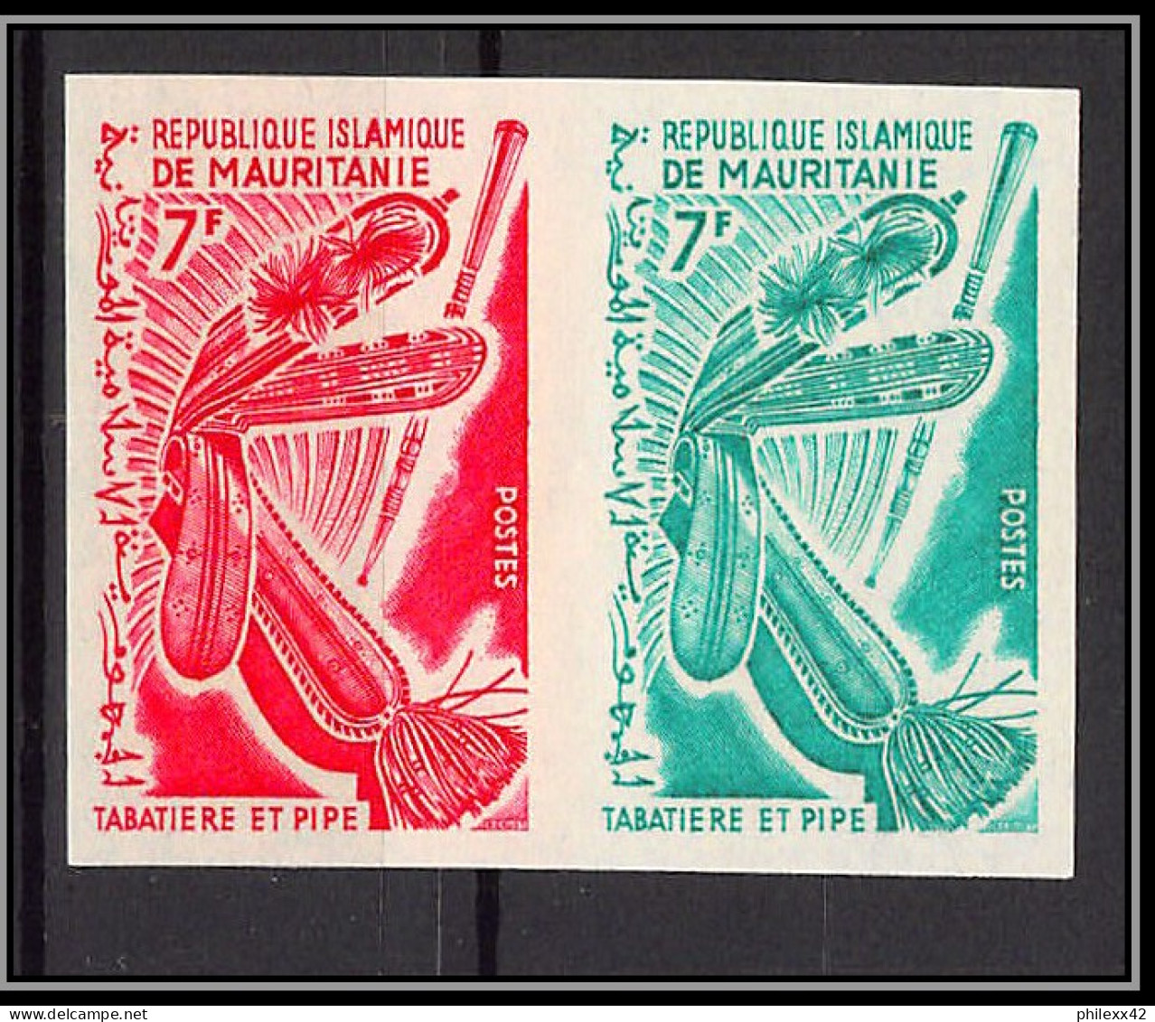 94030f Y&t N°198 Tabatière Pipe Snuffbox Tabac Tobacco Mauritanie Essai Proof Non Dentelé Imperf  ** MNH 1965 4 Couleurs - Tobacco