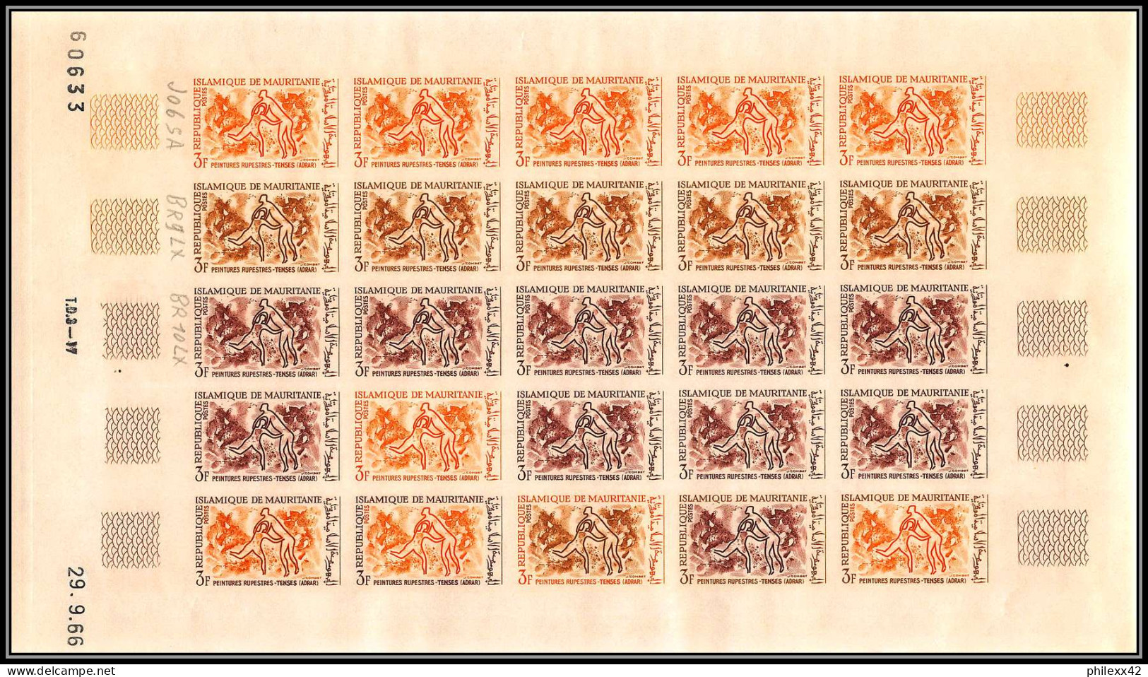 94037 Y&t 219 Tenses Archeologie Peintures Rupestres Mauritanie Essai Proof Non Dentelé Imperf Feuille Sheet ** MNH 1966 - Prehistorie