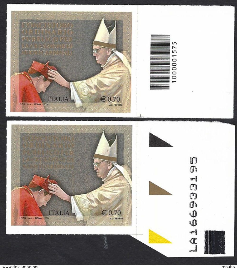 Italia 2014 ; Concistoro Per Nuovi Cardinali: Francobollo A Barre + Con Codice Alfanumerico. - Bar Codes