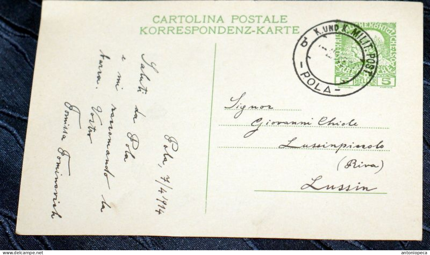 CARTOLINA ARTISTICA  INTERO POSTALE DA POLA A LUSSINPICCOLO 1914 - Fiume