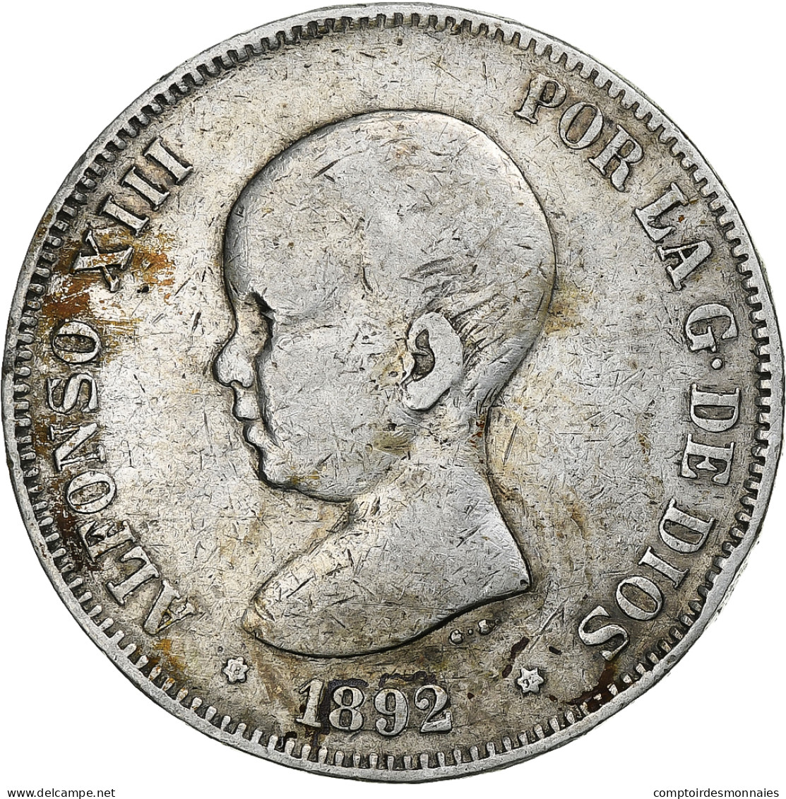 Espagne, Alfonso XIII, 5 Pesetas, 1892, Madrid, Argent, TB+, KM:689 - Premières Frappes