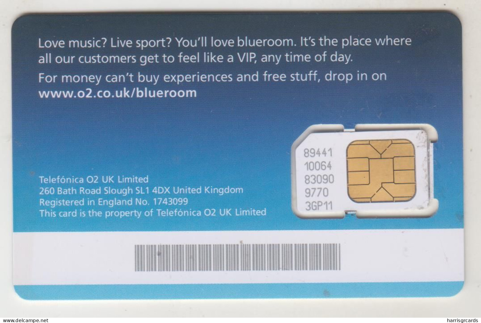 UK - Blue Room SIM , O² GSM Card , Used (chip Clued) - Autres & Non Classés