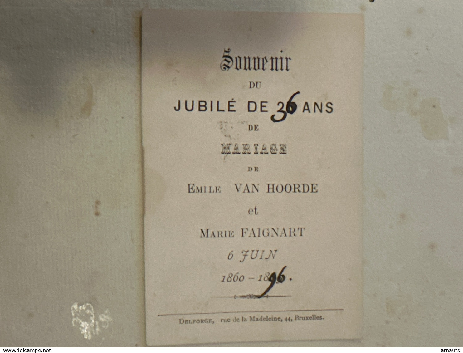 Bruxelles Souvenir Jubile 36ans Mariage Emile Van Hoorde &Marie Faignart 1896 Chambre Des Représentants S-Martens Lennik - Wedding