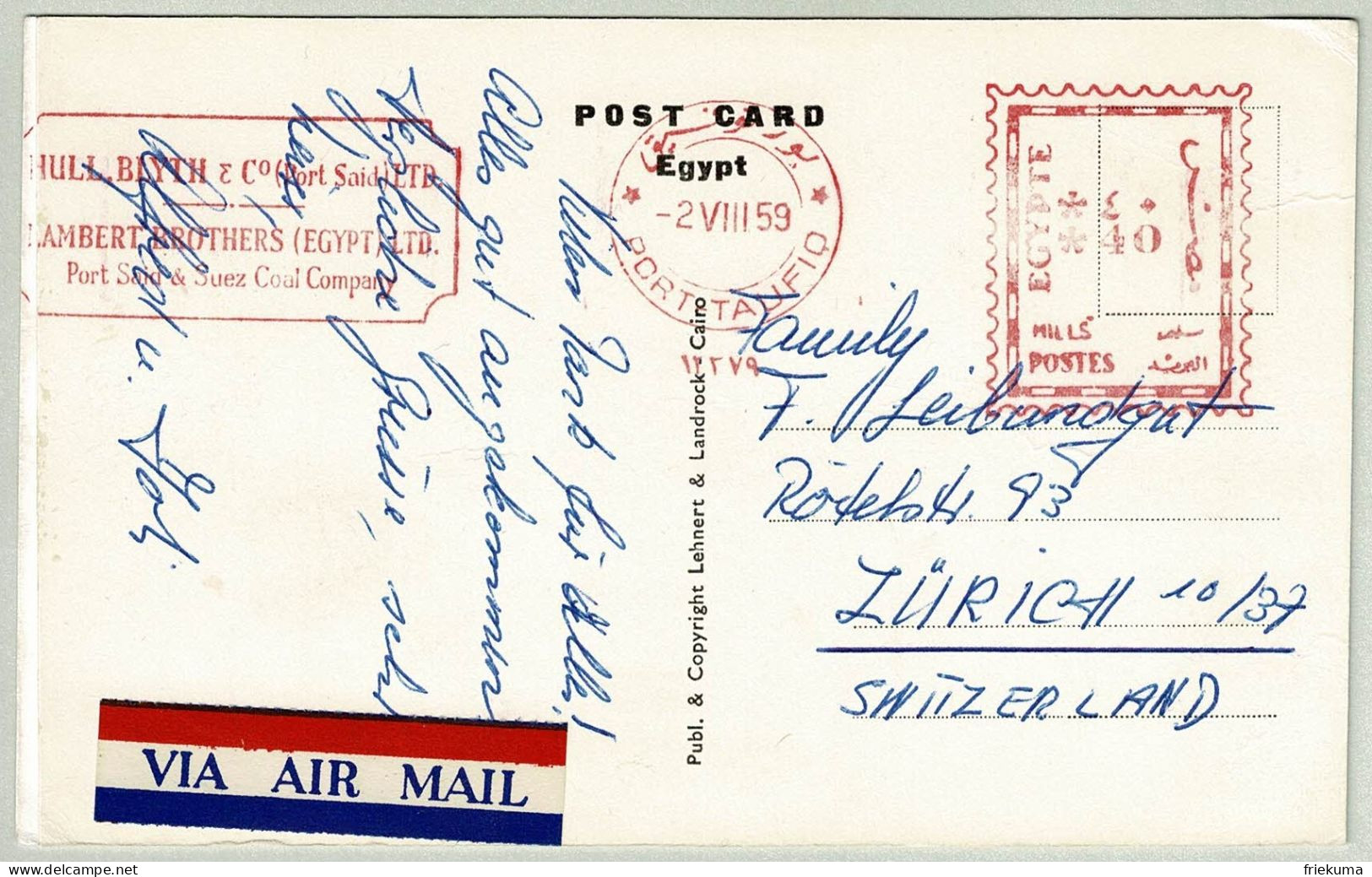 Aegypten / Egypte 1959, Postkarte Freistempel / EMA Port Taufiq - Zürich (Schweiz), Suezkanal / Suez Port - Briefe U. Dokumente