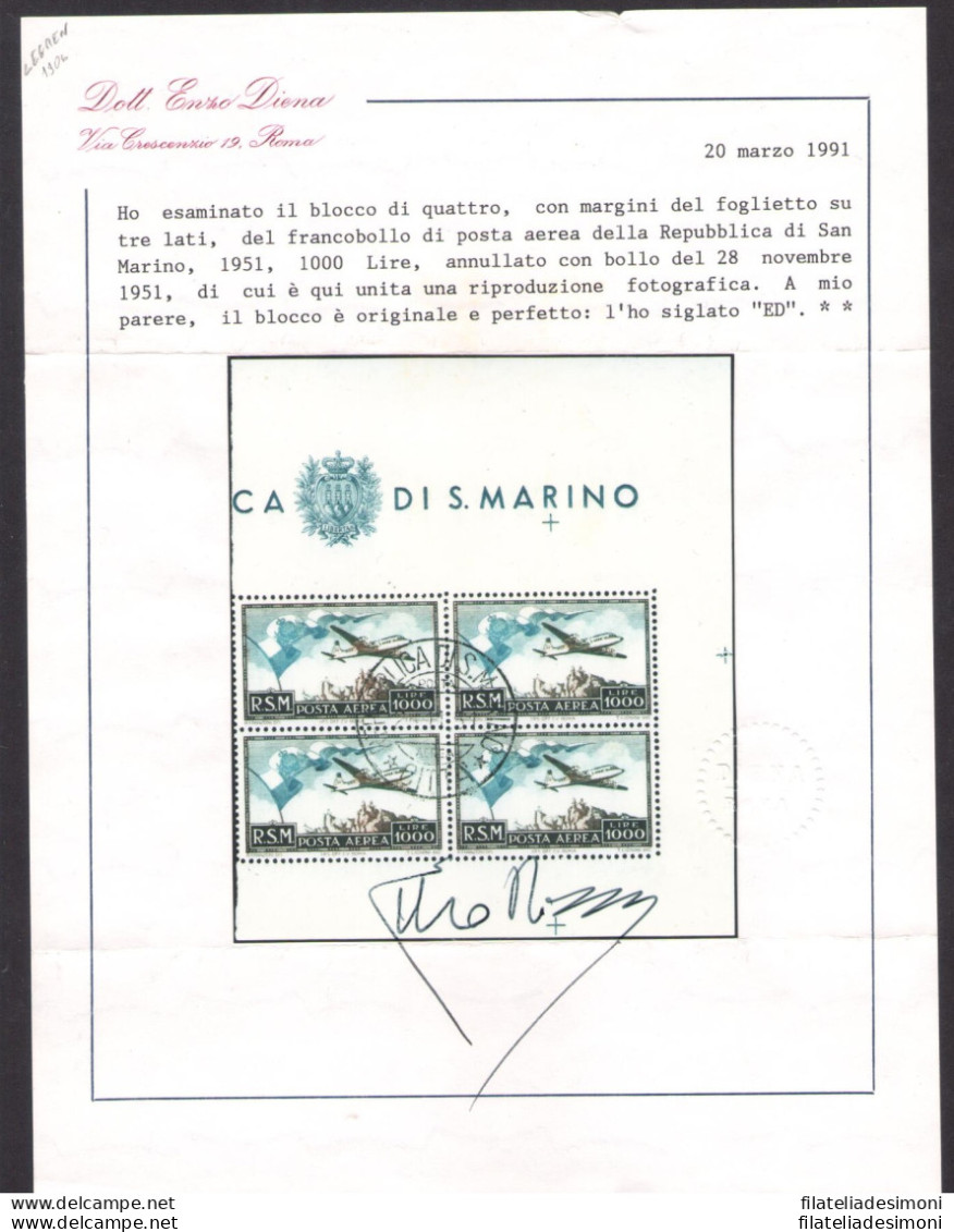 1951 SAN MARINO Posta Aerea 'Bandierone' - Blocco Di Quattro - 28-11-1951 - Catalogo Sassone N. 99 - Certificato Enzo Di - Posta Aerea