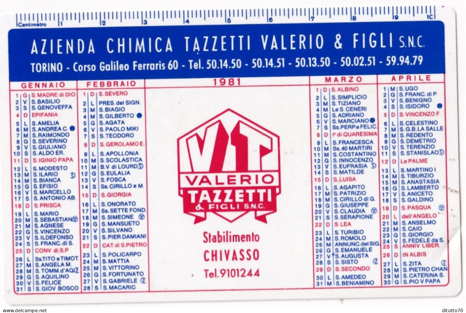 Calendarietto - Azienda Chimica Tazzetti Valerio E Figli - Stabilimento Chivasso - Anno 1981 - Petit Format : 1981-90