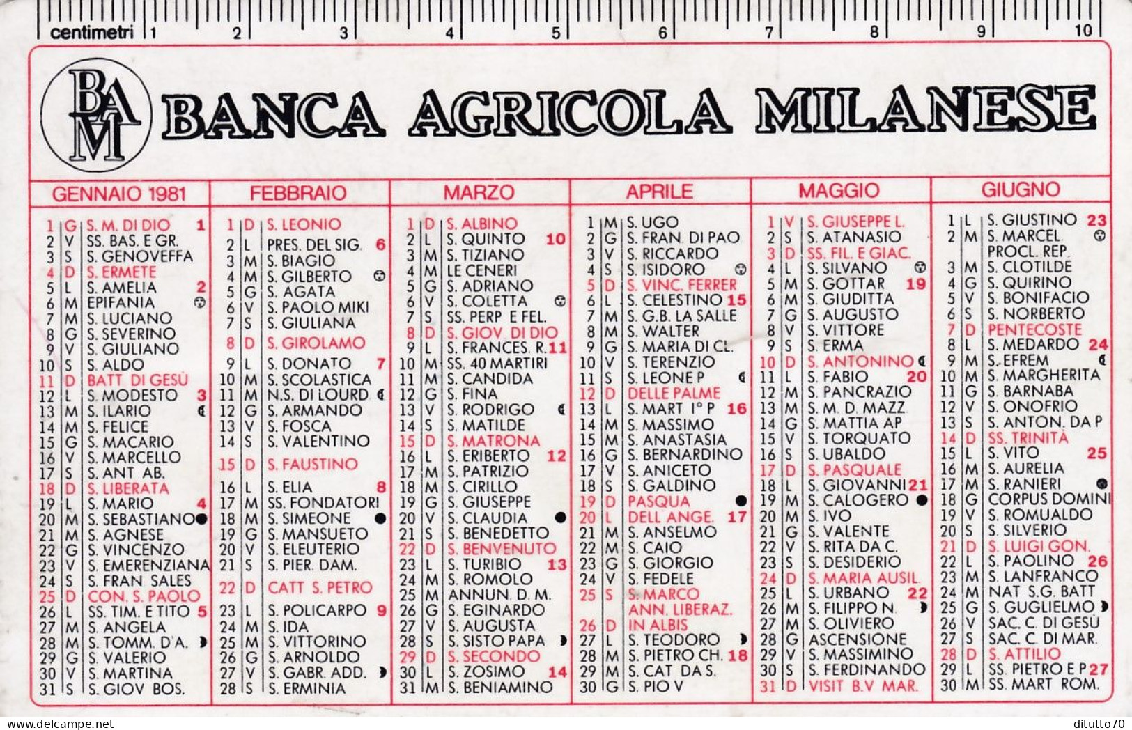 Calendarietto - Banca Agricola Milanese - Anno 1981 - Petit Format : 1981-90