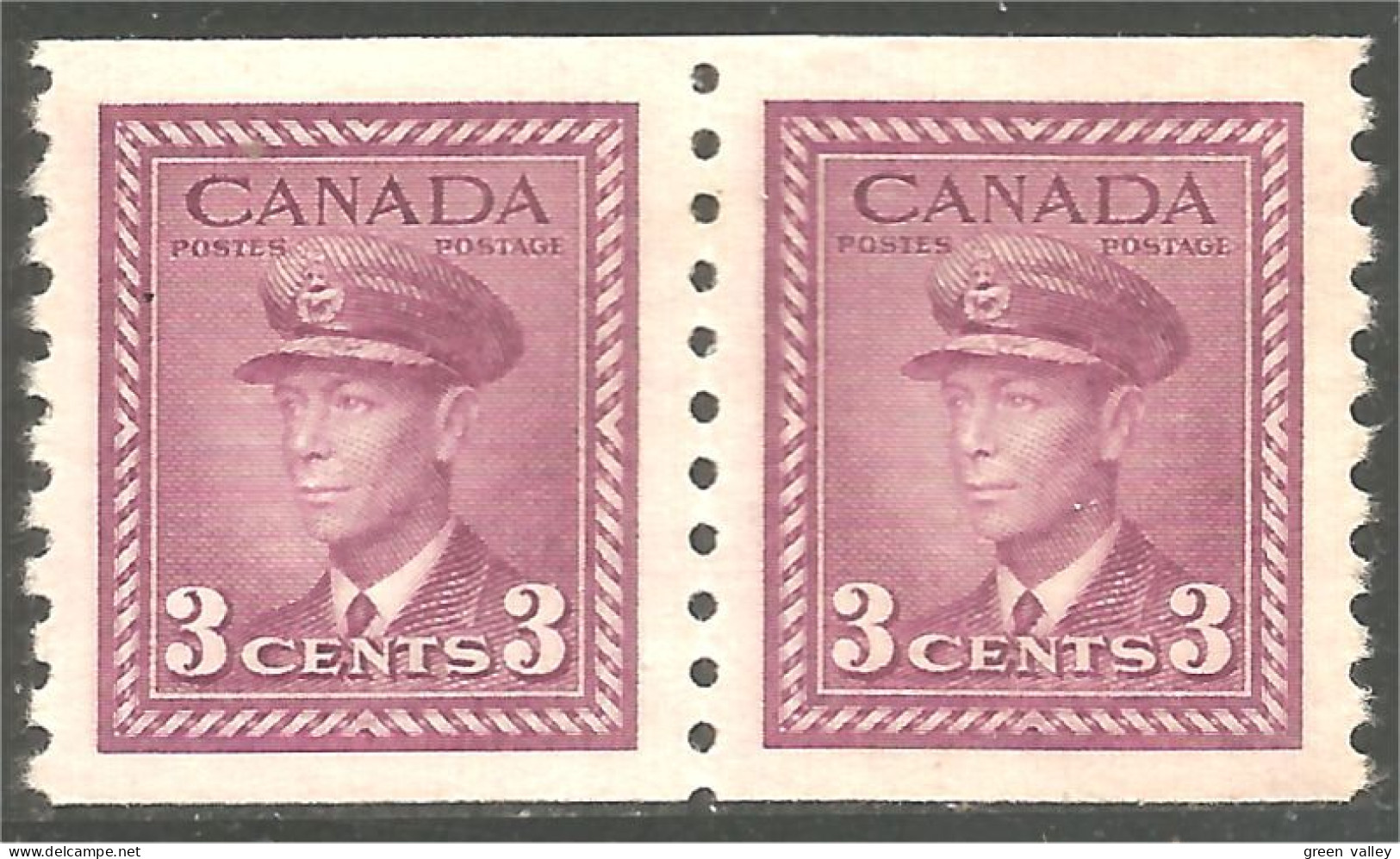 951 Canada 1942 #264 Roi King George VI 3c Rose Violet War Issue Roulette Coil PAIR MH * Neuf CV $12.00 VF (455) - Nuevos