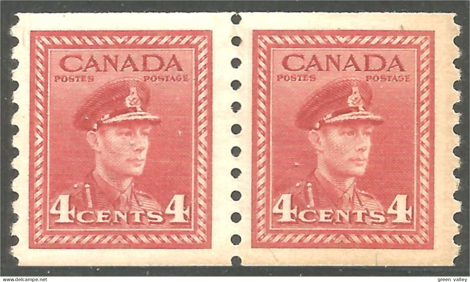951 Canada 1942 #264 Roi King George VI 4c Carmine War Issue Roulette Coil PAIR MH * Neuf CV $16.00 VF (456) - Neufs