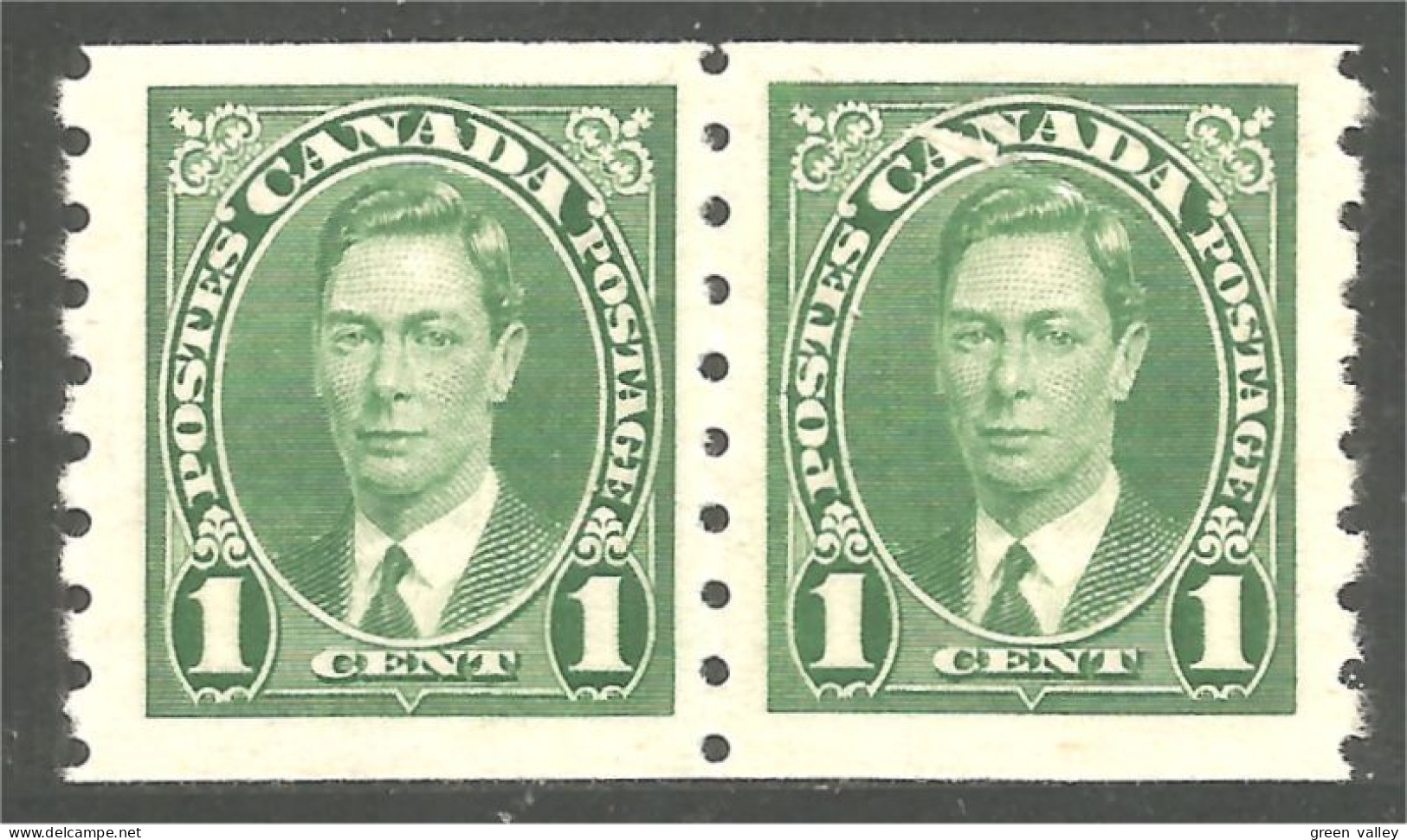 951 Canada 1937 #238 Roi King George VI 1c Vert Green Roulette Coil PAIR MH * Neuf (444) - Neufs