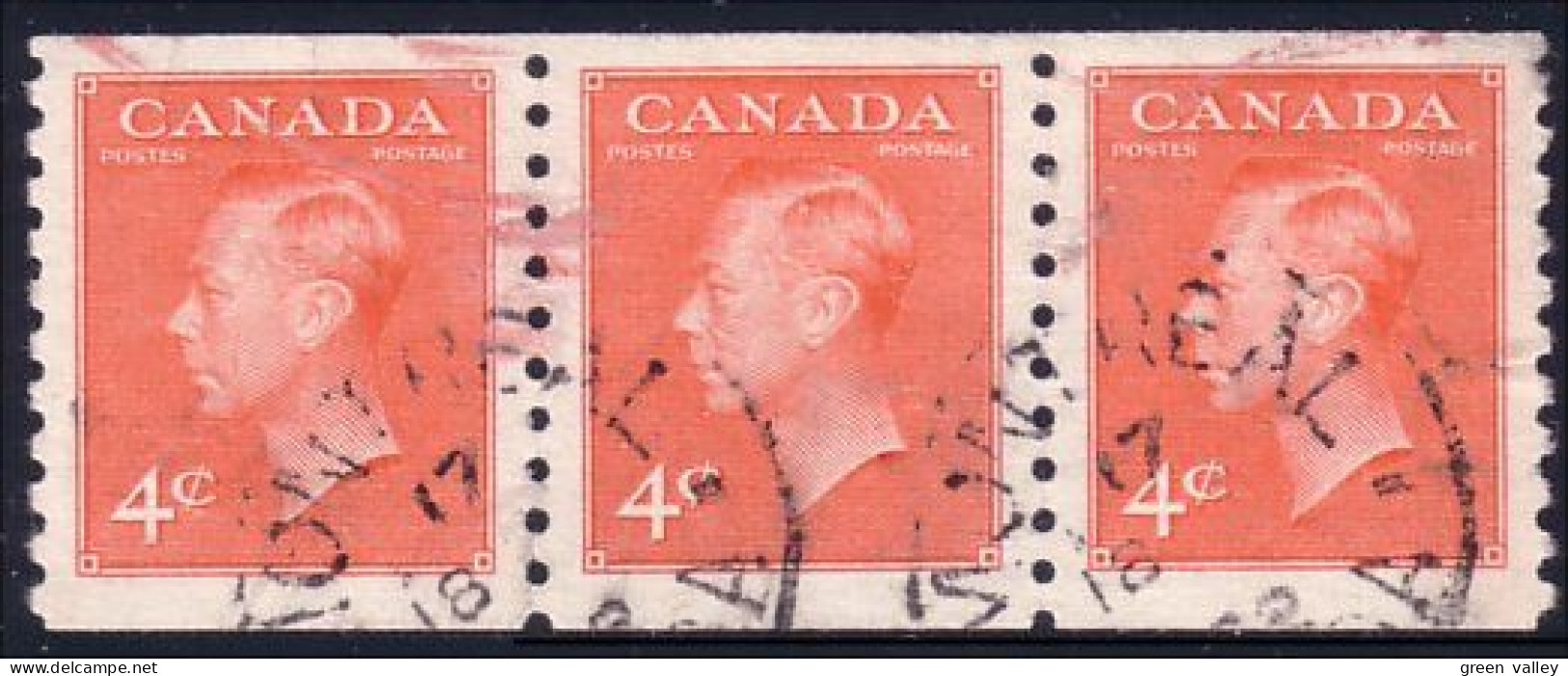 951 Canada 1951 George VI 4c Orange Roulette Coil Strip Of 3 Stamps (307) - Used Stamps