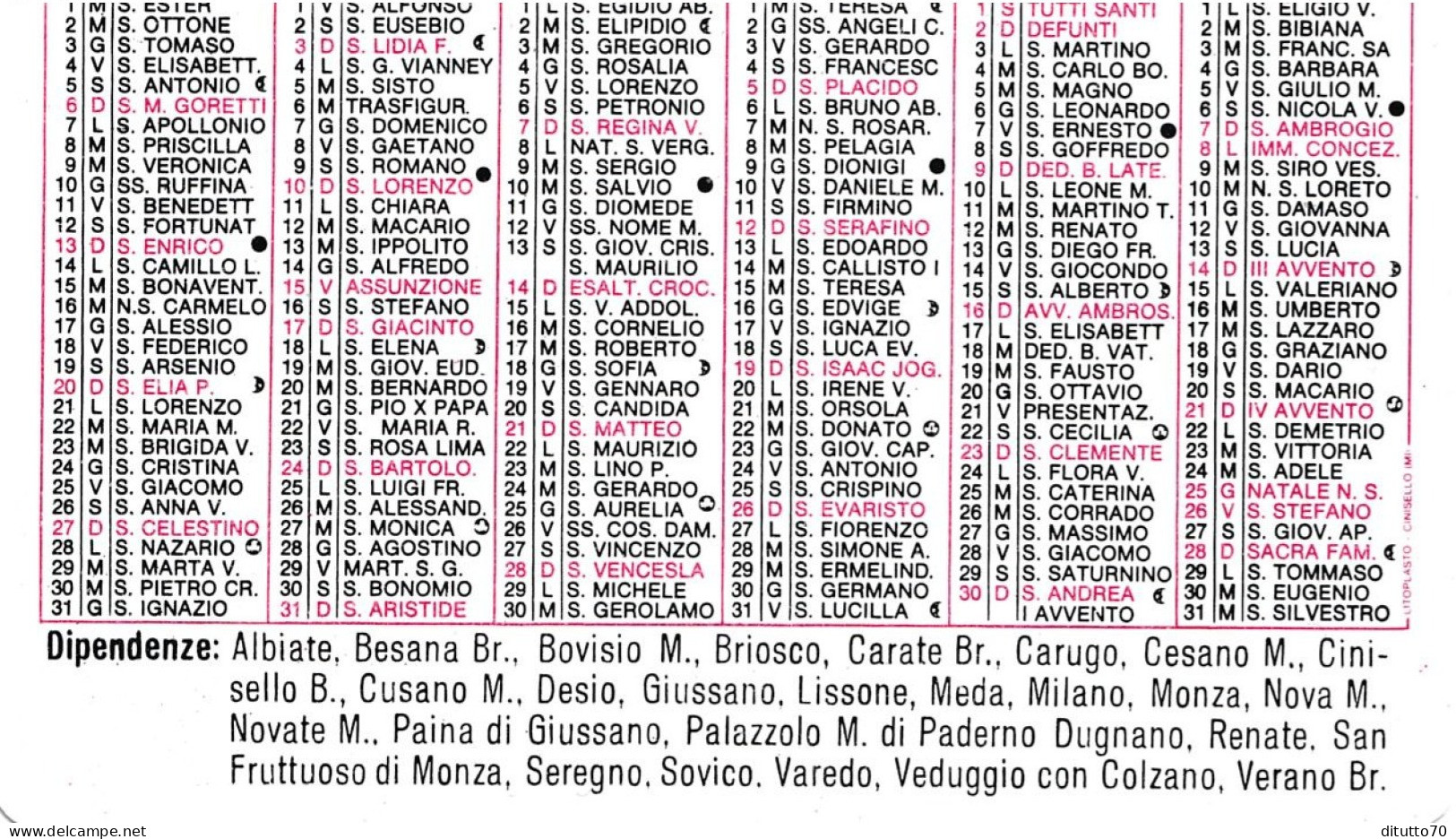 Calendarietto - Banco Di Desio E Della Brianza - Anno 1980 - Petit Format : 1971-80