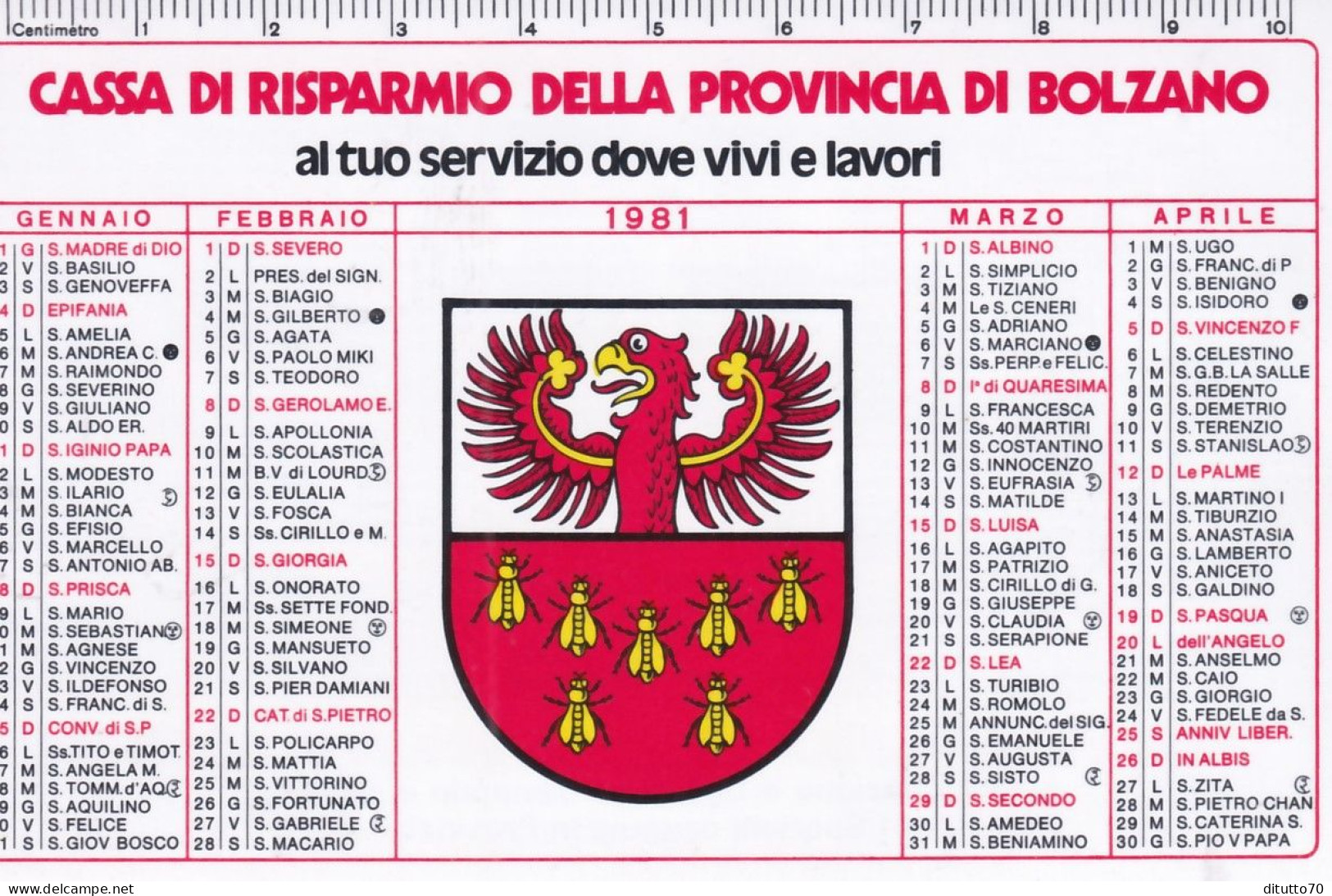 Calendarietto - Cassa Di Risparmio Della Provincia Di Bolzano - Anno 1981 - Petit Format : 1981-90