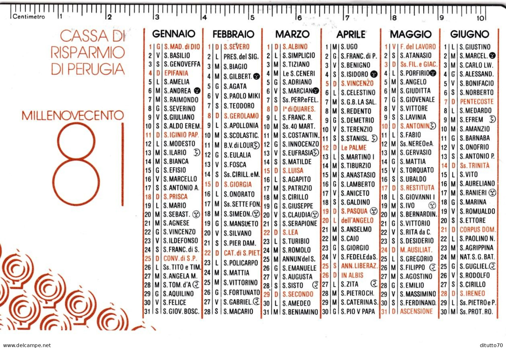 Calendarietto - Cassa Di Risparmio Di Perugia - Anno 1981 - Petit Format : 1981-90