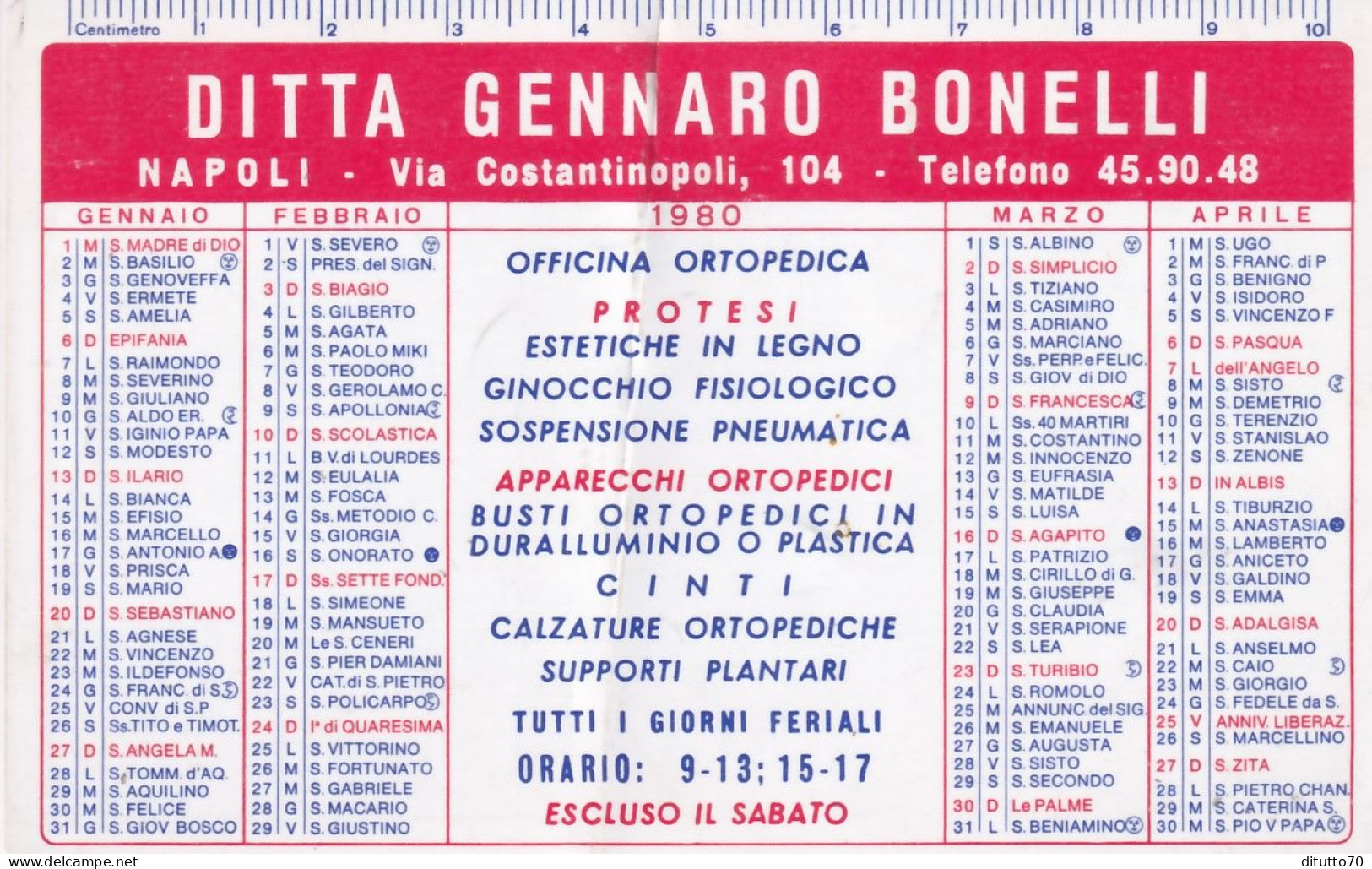 Calendarietto - Ditta Gennato Bonelli - Officina Ortopecica - Napoli - Anno 1980 - Formato Piccolo : 1971-80