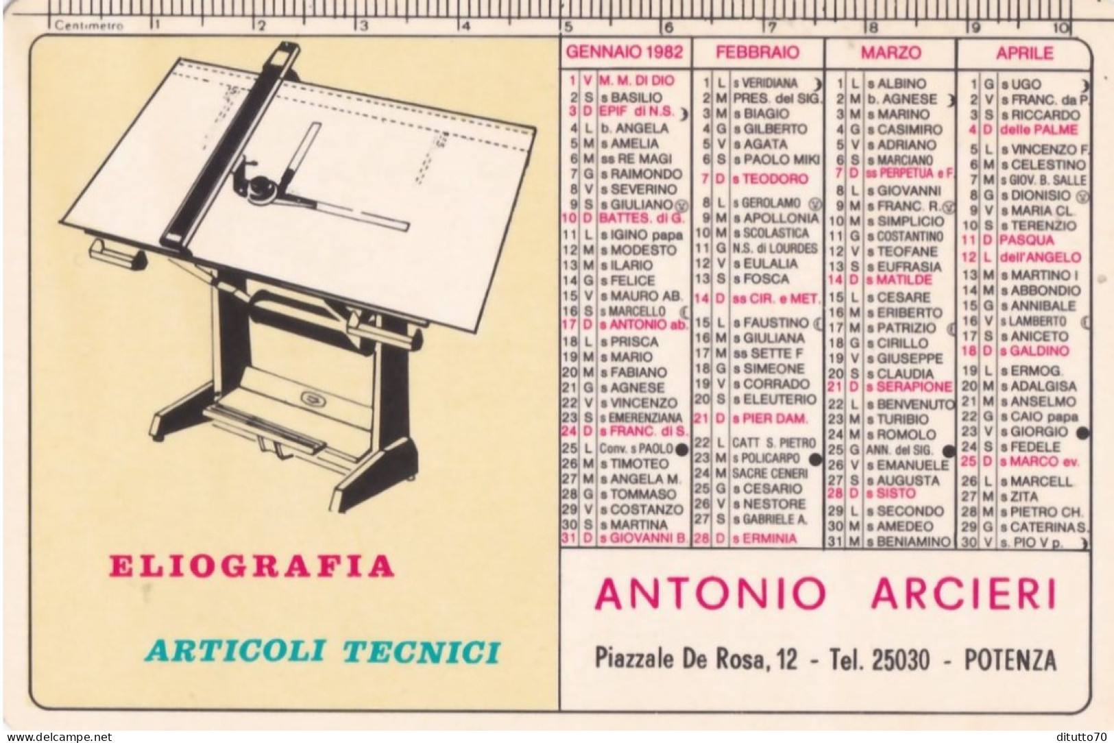 Calendarietto - Eliografia - Articoli Tecnici - Antonio Arcieri - Potenza - Anno 1982 - Petit Format : 1981-90