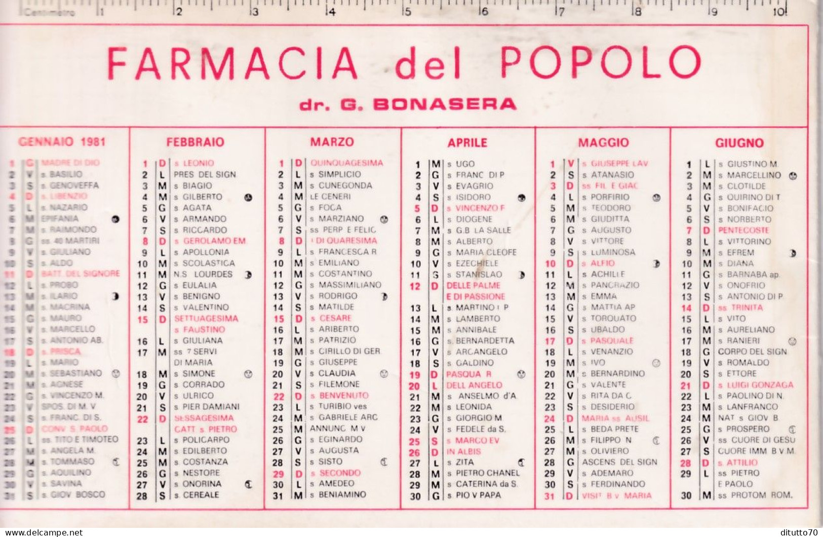 Calendarietto - Farmacia Del Popolo - Dr.g.bonasera - Anno 1981 - Petit Format : 1981-90