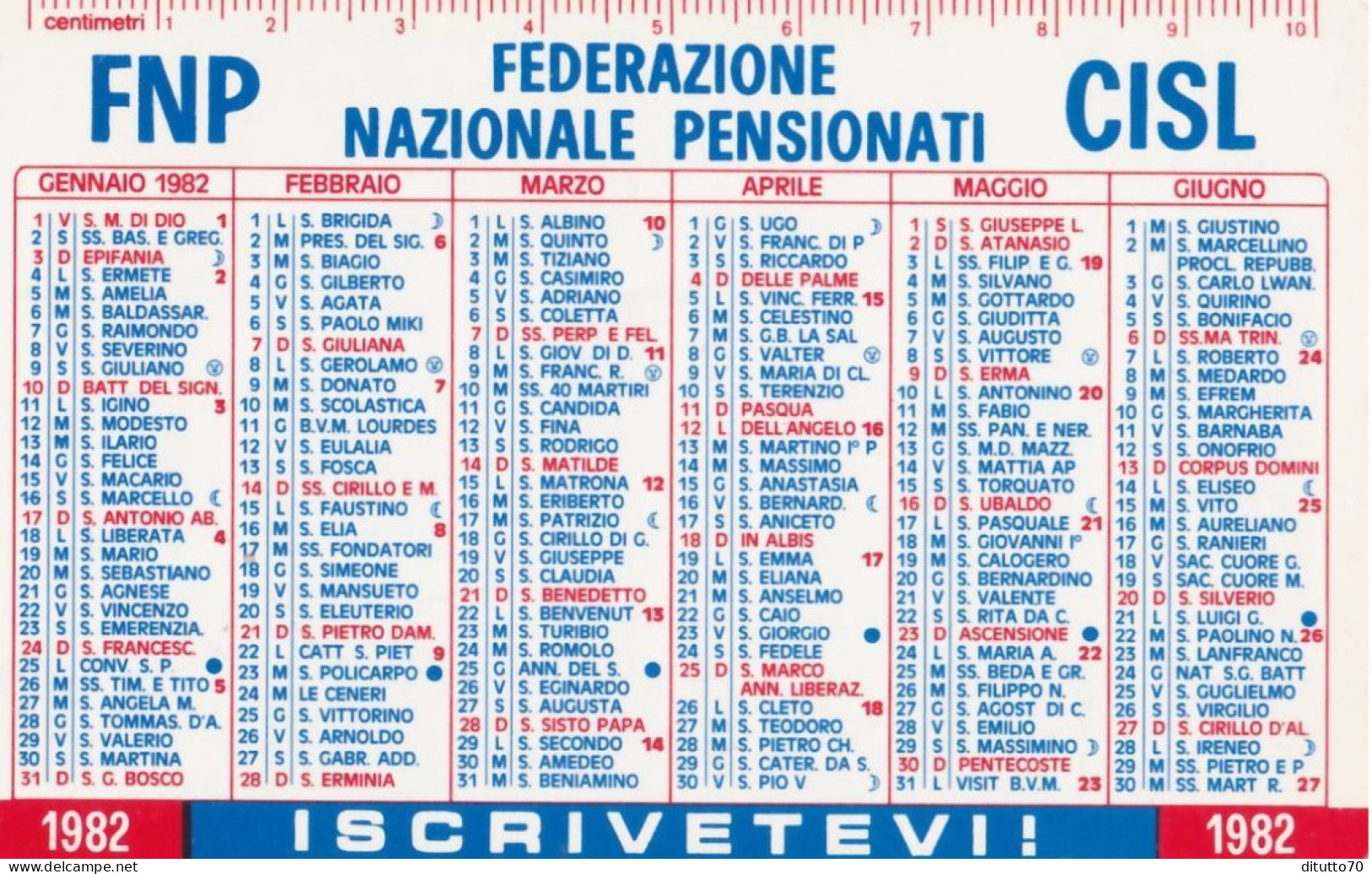 Calendarietto - Federazione Nazionale Pensionati - Fnp-cisl - Anno 1982 - Petit Format : 1981-90